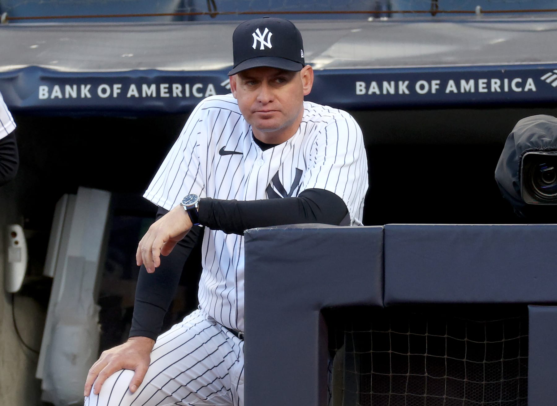 NEW YORK, NEW YORK - MAY 26:  Carlos Mendoza #64 of the New York Yankees fills in as manager for tonight's game between the New York Yankees and the San Diego Padres as New York Yankees manager Aaron Boone is suspended for the game at Yankee Stadium on May 26, 2023 in Bronx borough of New York City. (Photo by Elsa/Getty Images)