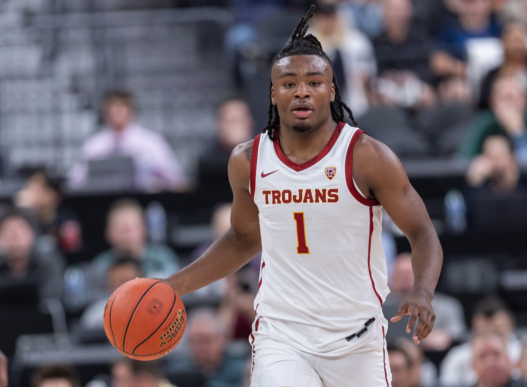 LAS VEGAS, NEVADA - NOVEMBER 6: Isaiah Collier #1 of the USC Trojans brings the ball up court during the game against the Kansas State Wildcats in the Naismith Hall of Fame Series at T-Mobile Arena on November 6, 2023 in Las Vegas, Nevada. (Photo by Michael Hickey/Getty Images)