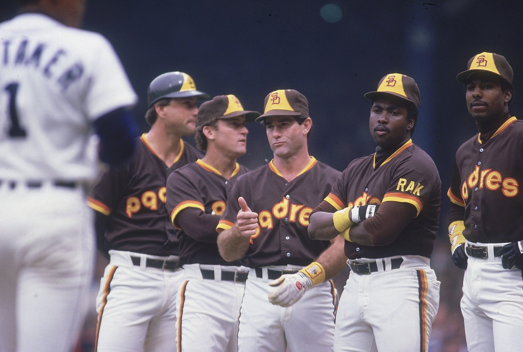 UNITED STATES - OCTOBER 14:  Baseball: World Series, (L-R) San Diego Padres Terry Kennedy (16), Graig Nettles (9), Steve Garvey (6), Tony Gwynn (19), and Alan Wiggins (2) during player introductions before Game 5 vs Detroit Tigers, Detroit, MI 10/14/1984  (Photo by John Iacono/Sports Illustrated via Getty Images)  (SetNumber: X30610 TK5)