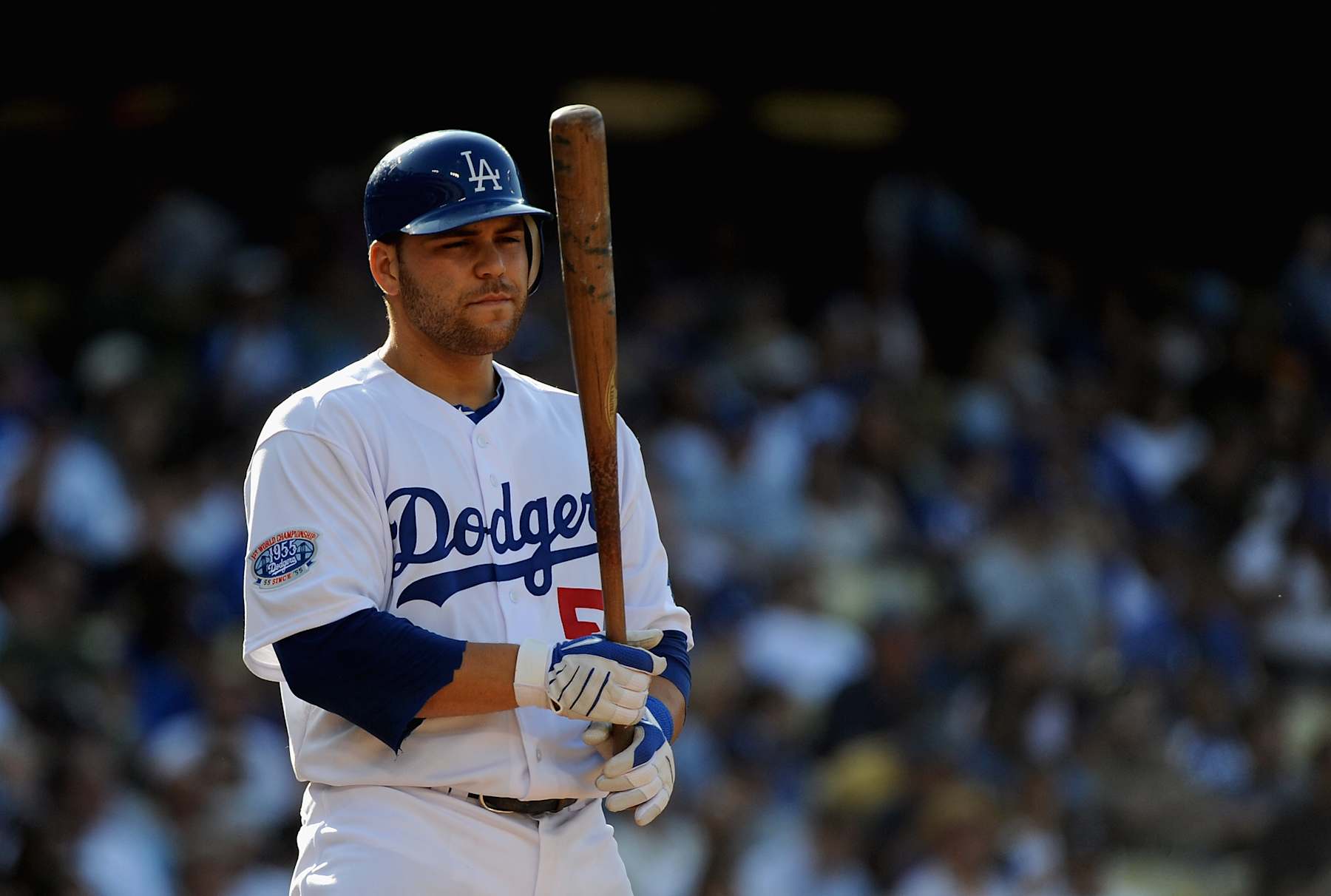 LOS ANGELES, CA - JUNE 27:   Russell Martin #55 of the Los Angeles Dodgers prepares to bat against the New York Yankees at Dodger Stadium on June 27, 2010 in Los Angeles, California. The Yankees defeated the Dodgers 8-6 in ten innings.  (Photo by Lisa Blumenfeld/Getty Images)