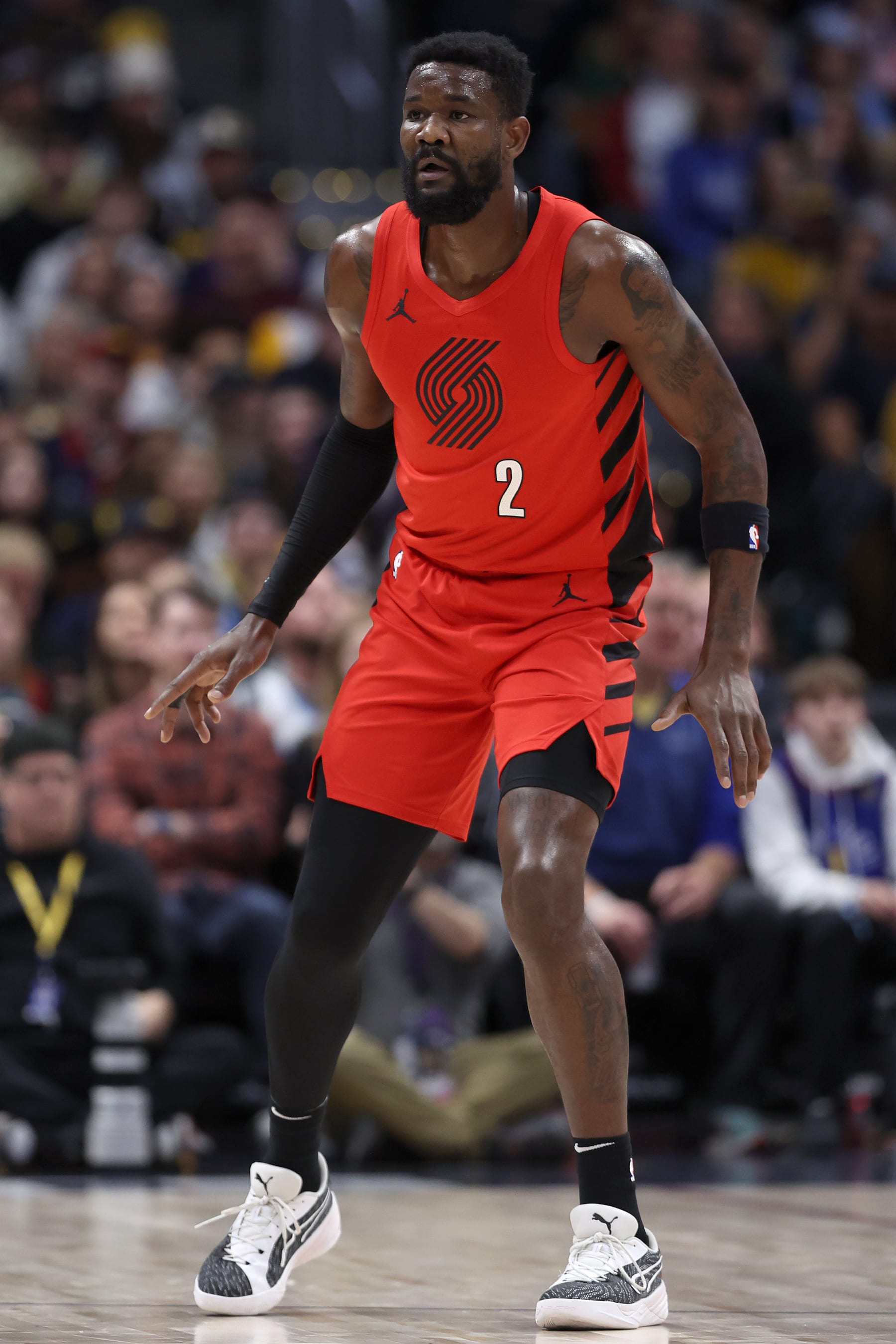 DENVER, COLORADO - FEBRUARY 04: Deandre Ayton #2 of the Portland Trail Blazers plays the Denver Nuggets in the first quarter at Ball Arena on February 04, 2024 in Denver, Colorado.  NOTE TO USER: User expressly acknowledges and agrees that, by downloading and or using this photograph, User is consenting to the terms and conditions of the Getty Images License Agreement.  (Photo by Matthew Stockman/Getty Images)