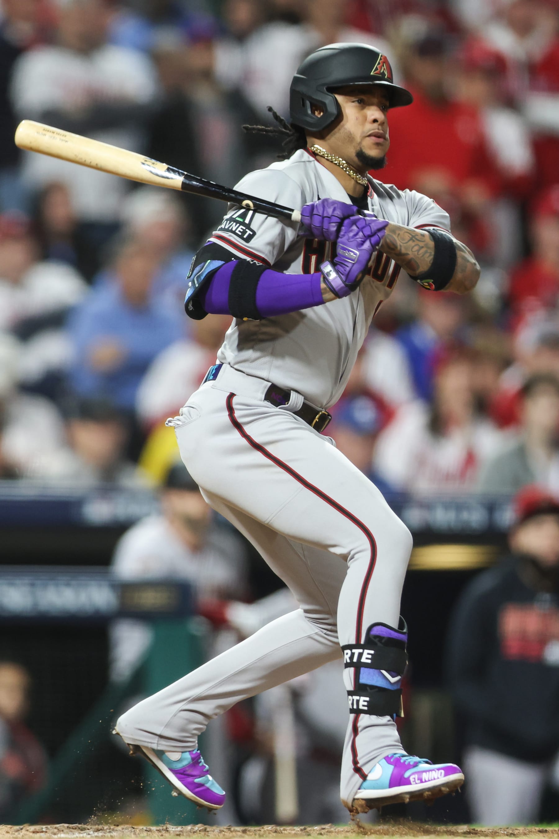 PHILADELPHIA, PA - OCTOBER 23: Ketel Marte #4 of the Arizona Diamondbacks hits a RBI triple in the fifth inning during Game 6 of the NLCS between the Arizona Diamondbacks and the Philadelphia Phillies at Citizens Bank Park on Monday, October 23, 2023 in Philadelphia, Pennsylvania. (Photo by Rob Tringali/MLB Photos via Getty Images)