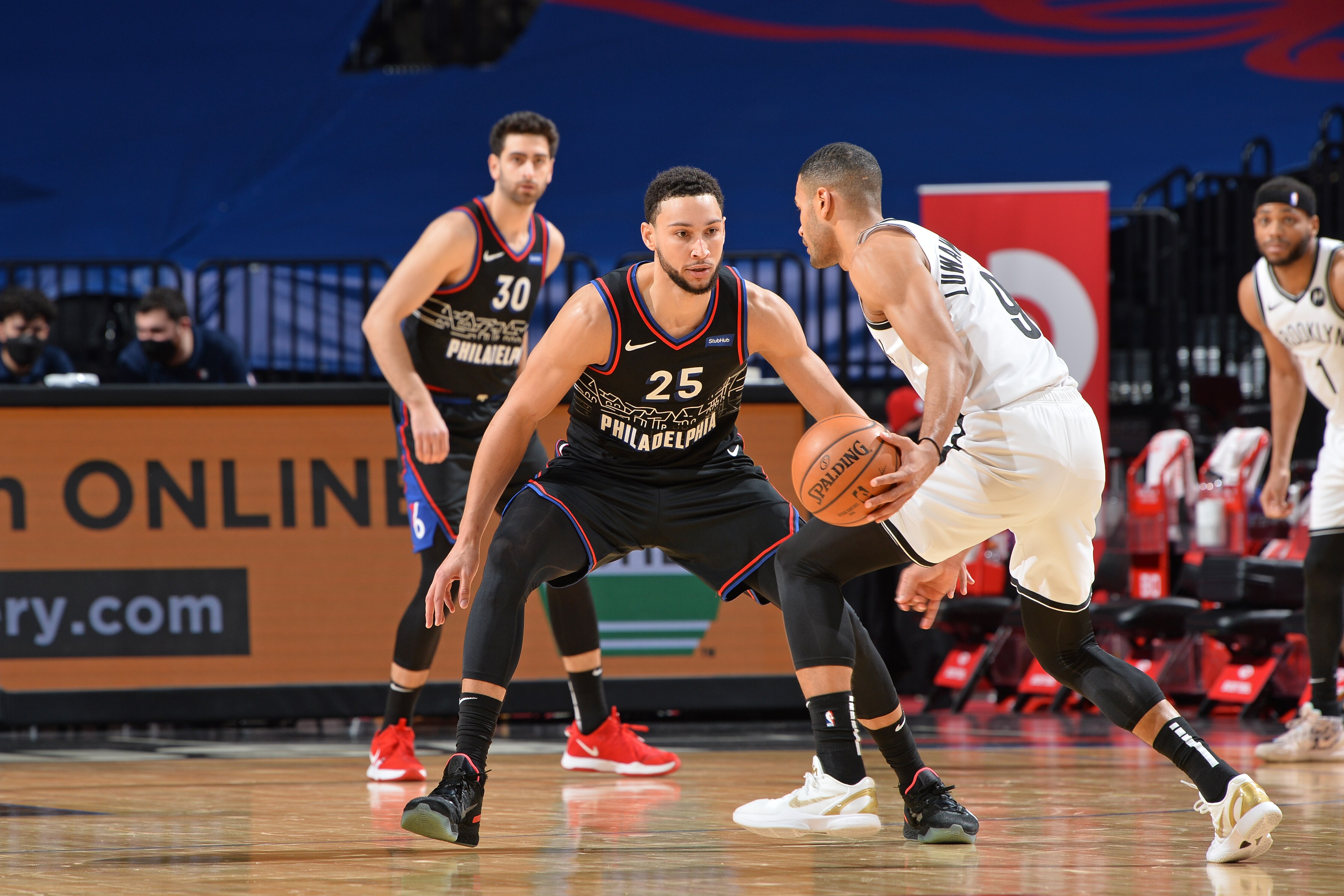 PHILADELPHIA, PA - FEBRUARY 6: Ben Simmons #25 of the Philadelphia 76ers plays defense against against the Brooklyn Nets on February 6, 2021 at Wells Fargo Center in Philadelphia, Pennsylvania. NOTE TO USER: User expressly acknowledges and agrees that, by downloading and/or using this Photograph, user is consenting to the terms and conditions of the Getty Images License Agreement. Mandatory Copyright Notice: Copyright 2021 NBAE (Photo by David Dow/NBAE via Getty Images)