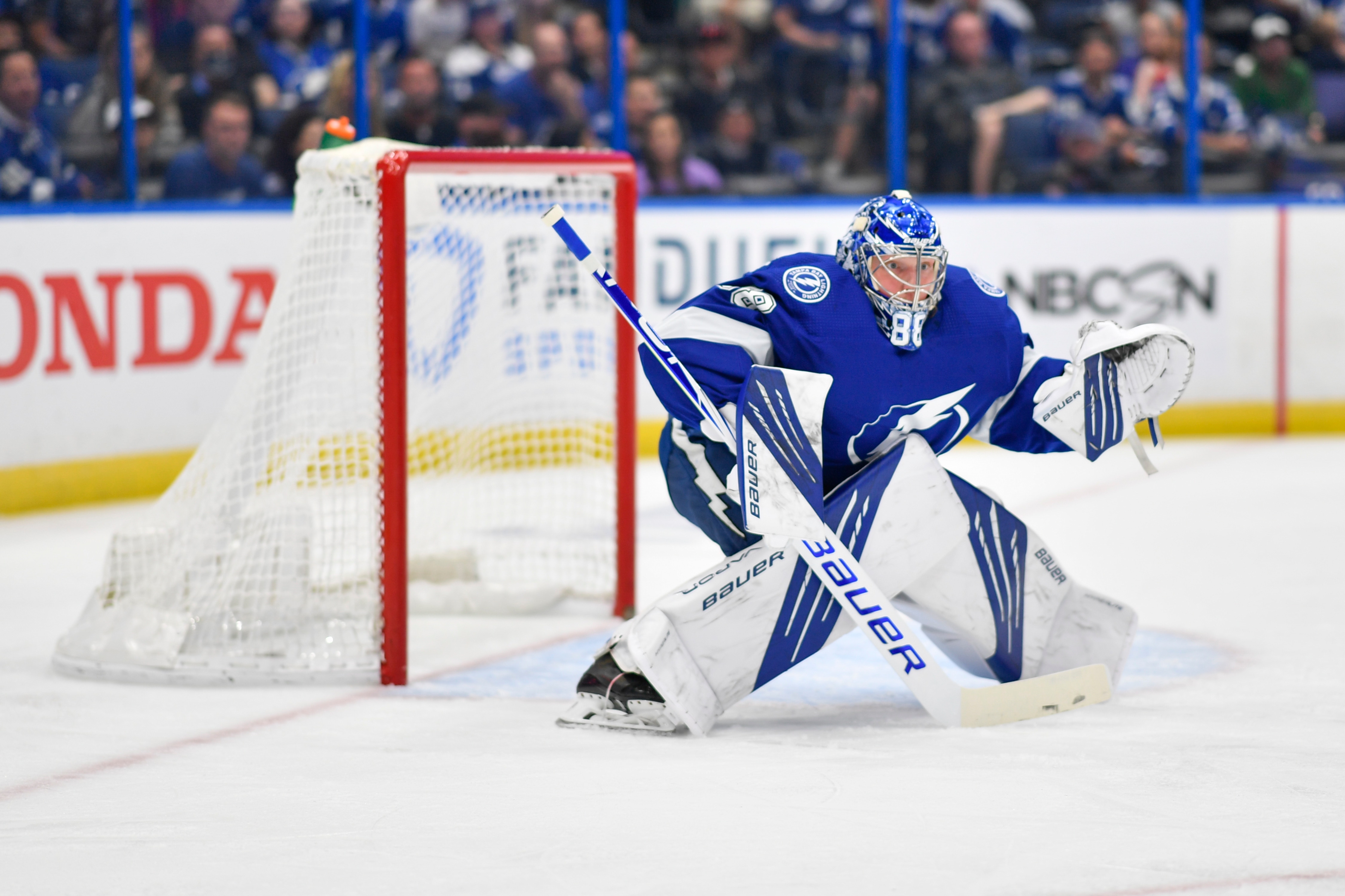 TAMPA, FL - JUNE 05: Tampa Bay Lightning goalie Andrei Vasilevsky (88) tracks the puck during Game 4 of the NHL Stanley Cup Playoffs Second Round match between the Tampa Bay Lightning and Carolina Hurricanes on June 05, 2021 at Amalie Arena in Tampa, FL. (Photo by Roy K. Miller/Icon Sportswire via Getty Images)