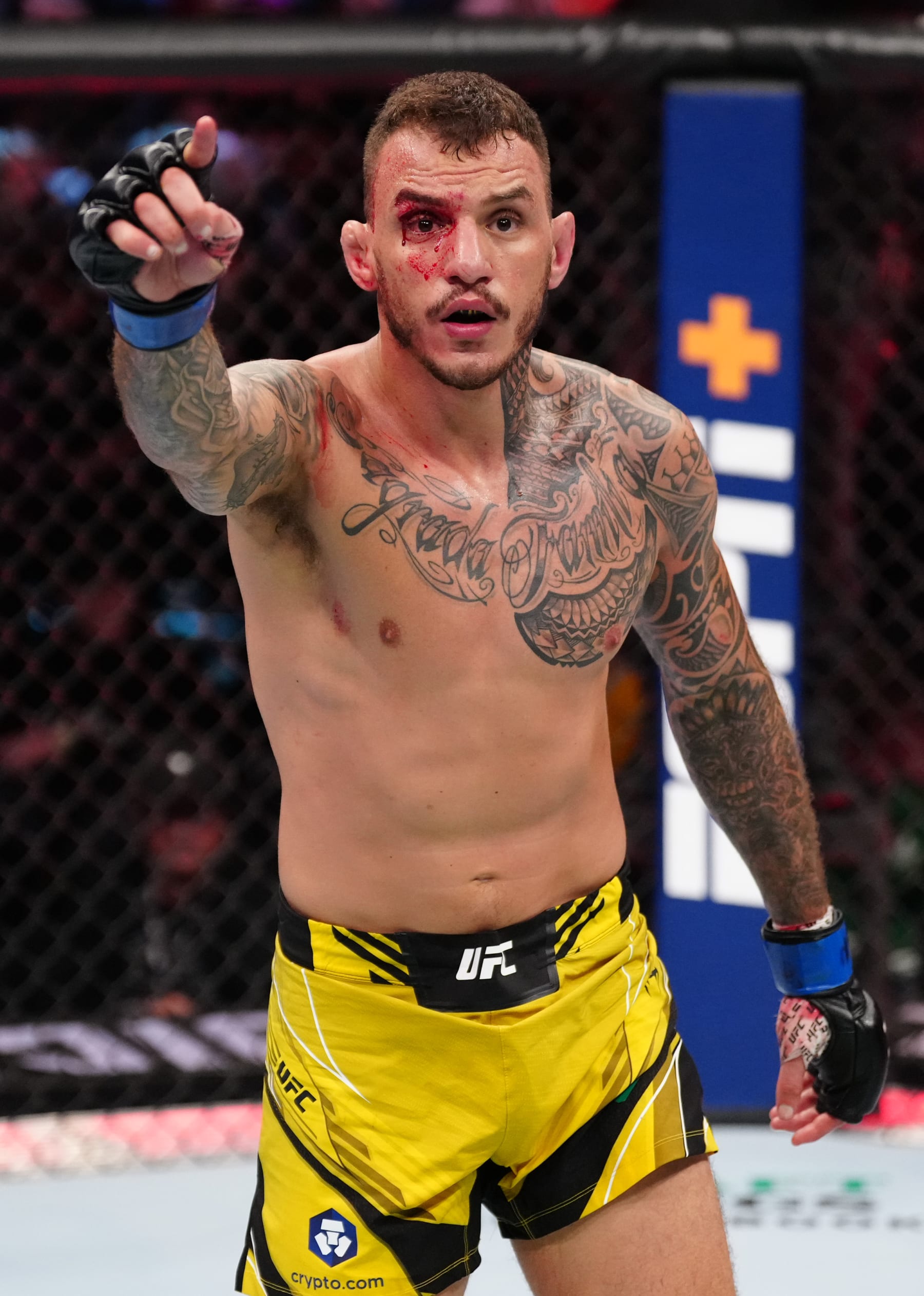 NEW YORK, NEW YORK - NOVEMBER 12: Renato Moicano of Brazil reacts after his submission victory over Brad Riddell of New Zealand in a lightweight bout during the UFC 281 event at Madison Square Garden on November 12, 2022 in New York City. (Photo by Jeff Bottari/Zuffa LLC)