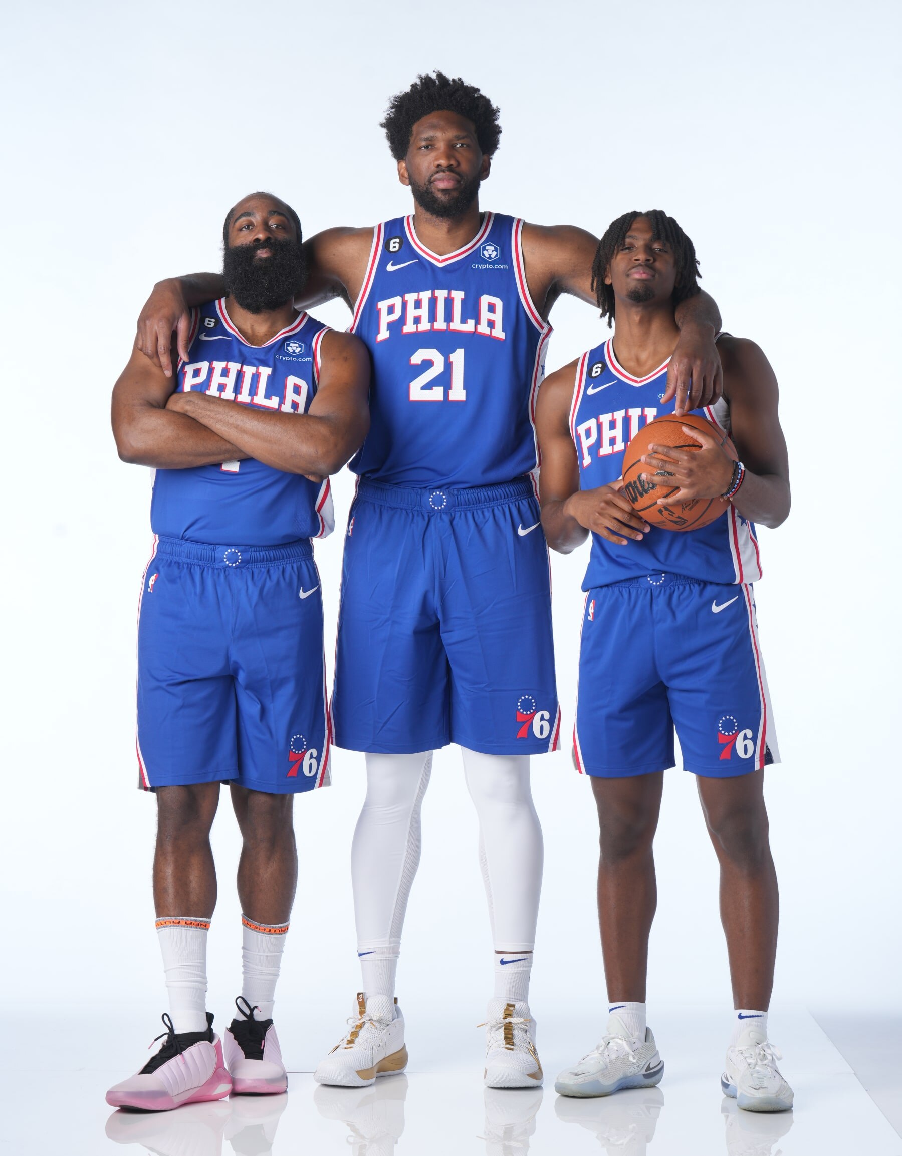 PHILADELPHIA, PA - SEPTEMBER 26: James Harden #1, Joel Embiid #21 and Tyrese Maxey #0 of the Philadelphia 76ers pose for a portrait during NBA Media Day on September 26, 2022 at Wells Fargo Center in Philadelphia, Pennsylvania. NOTE TO USER: User expressly acknowledges and agrees that, by downloading and or using this Photograph, user is consenting to the terms and conditions of the Getty Images License Agreement. Mandatory Copyright Notice: Copyright 2022 NBAE (Photo by Jesse D. Garrabrant/NBAE via Getty Images)