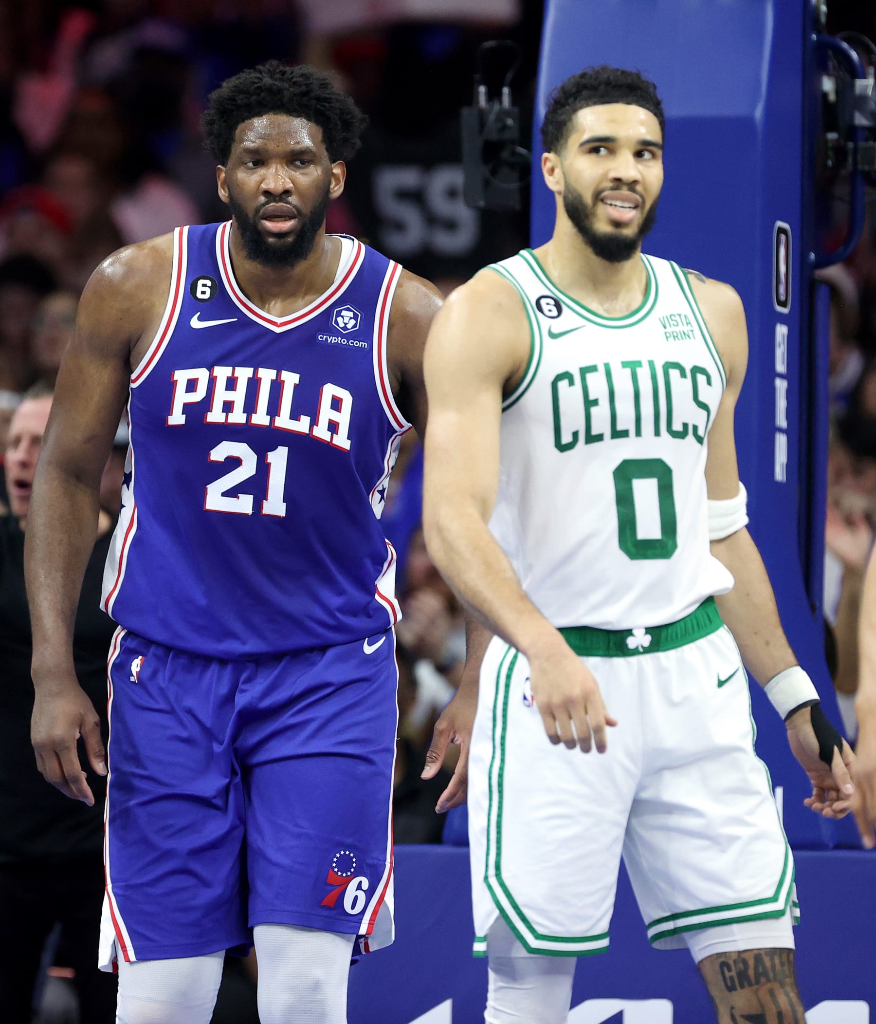 PHILADELPHIA, PENNSYLVANIA - MAY 11: Joel Embiid #21 of the Philadelphia 76ers reacts against Jayson Tatum #0 of the Boston Celtics during the first quarter in game six of the Eastern Conference Semifinals in the 2023 NBA Playoffs at Wells Fargo Center on May 11, 2023 in Philadelphia, Pennsylvania. NOTE TO USER: User expressly acknowledges and agrees that, by downloading and or using this photograph, User is consenting to the terms and conditions of the Getty Images License Agreement. (Photo by Tim Nwachukwu/Getty Images)