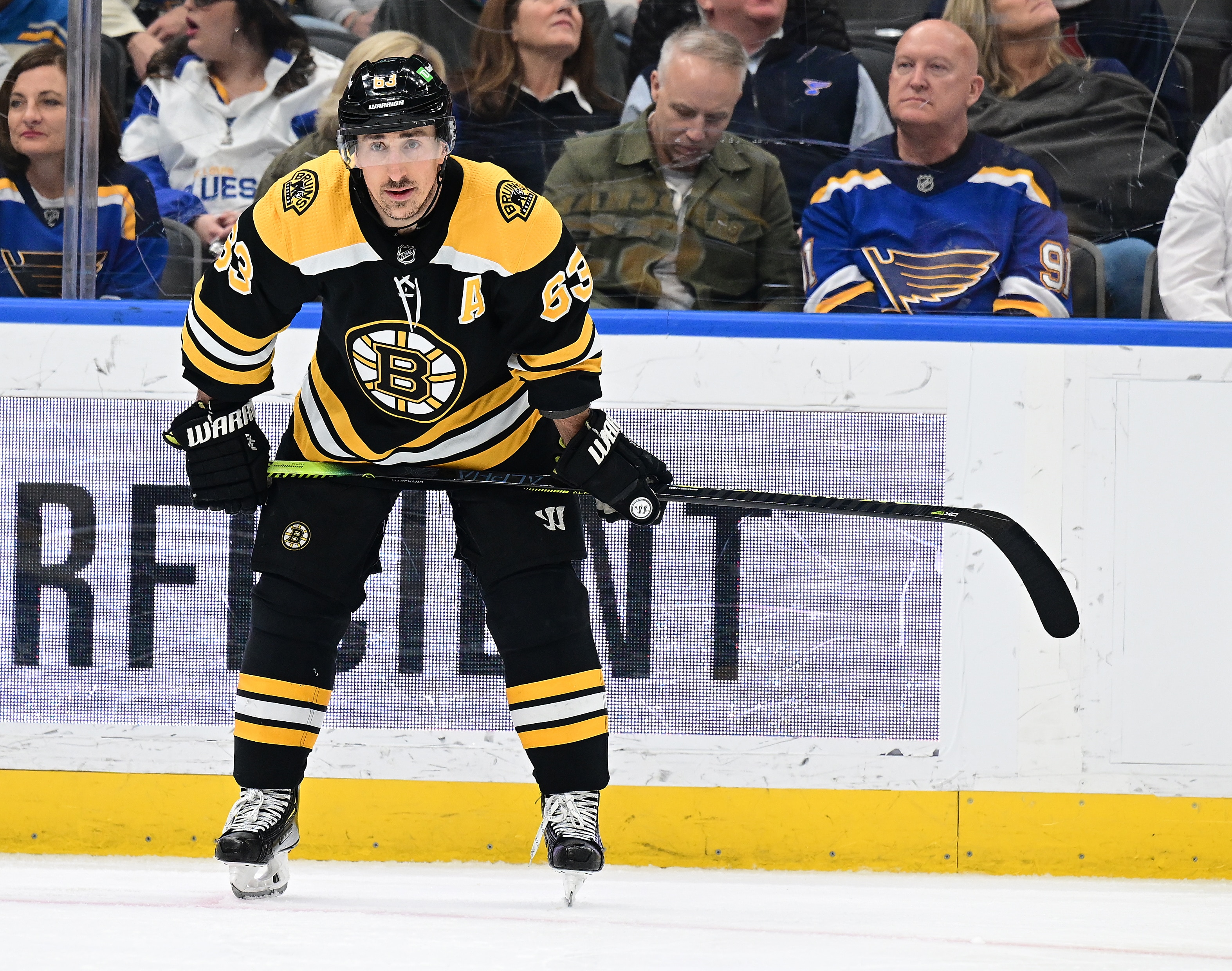 ST. LOUIS, MO - APRIL 19: Boston Bruins left wing Brad Marchand (63) during a NHL game between the Boston Bruins and the St. Louis Blues on April 19, 2022, at Enterprise Center, St. Louis, MO.  (Photo by Keith Gillett/Icon Sportswire via Getty Images),