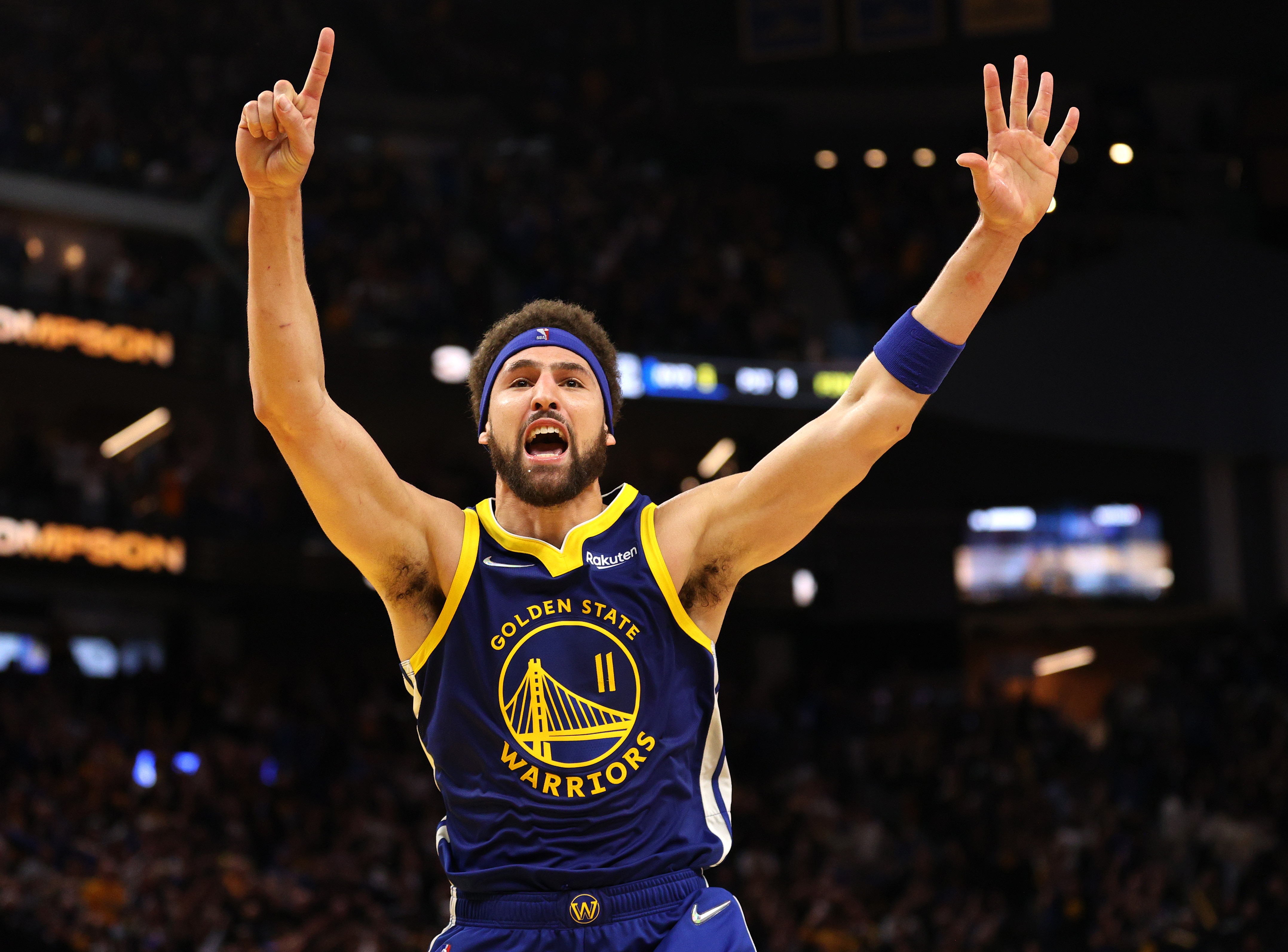 SAN FRANCISCO, CALIFORNIA - MAY 13:  Klay Thompson #11 of the Golden State Warriors celebrates his three-point shot against the Memphis Grizzlies in the fourth quarter in Game Six of the 2022 NBA Playoffs Western Conference Semifinals at Chase Center on May 13, 2022 in San Francisco, California. NOTE TO USER: User expressly acknowledges and agrees that, by downloading and/or using this photograph, User is consenting to the terms and conditions of the Getty Images License Agreement. (Photo by Ezra Shaw/Getty Images)