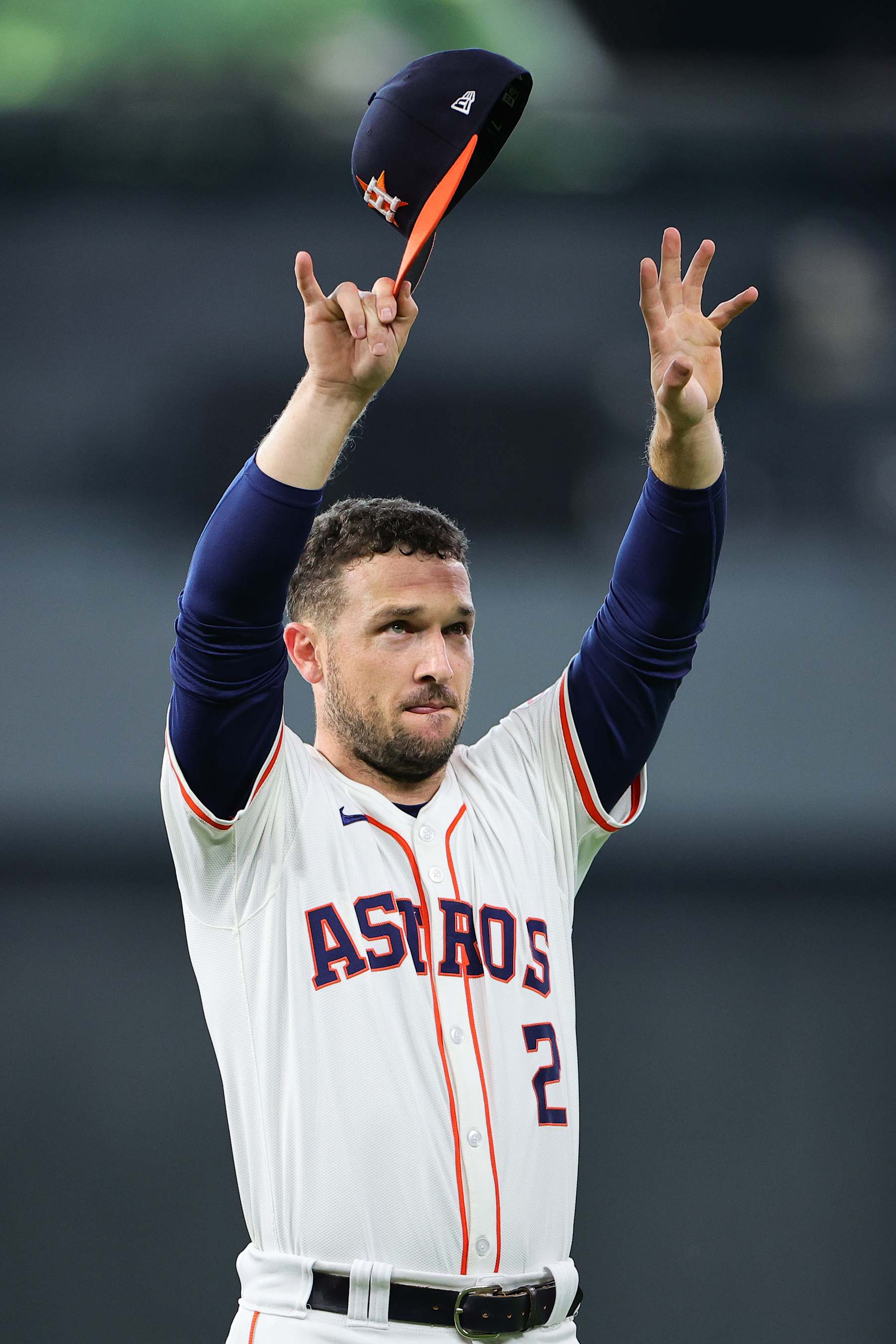 HOUSTON, TEXAS - OCTOBER 01: Alex Bregman #2 of the Houston Astros waves to fans prior to playing the Detroit Tigers in Game One of the Wild Card Series at Minute Maid Park on October 01, 2024 in Houston, Texas. (Photo by Alex Slitz/Getty Images)