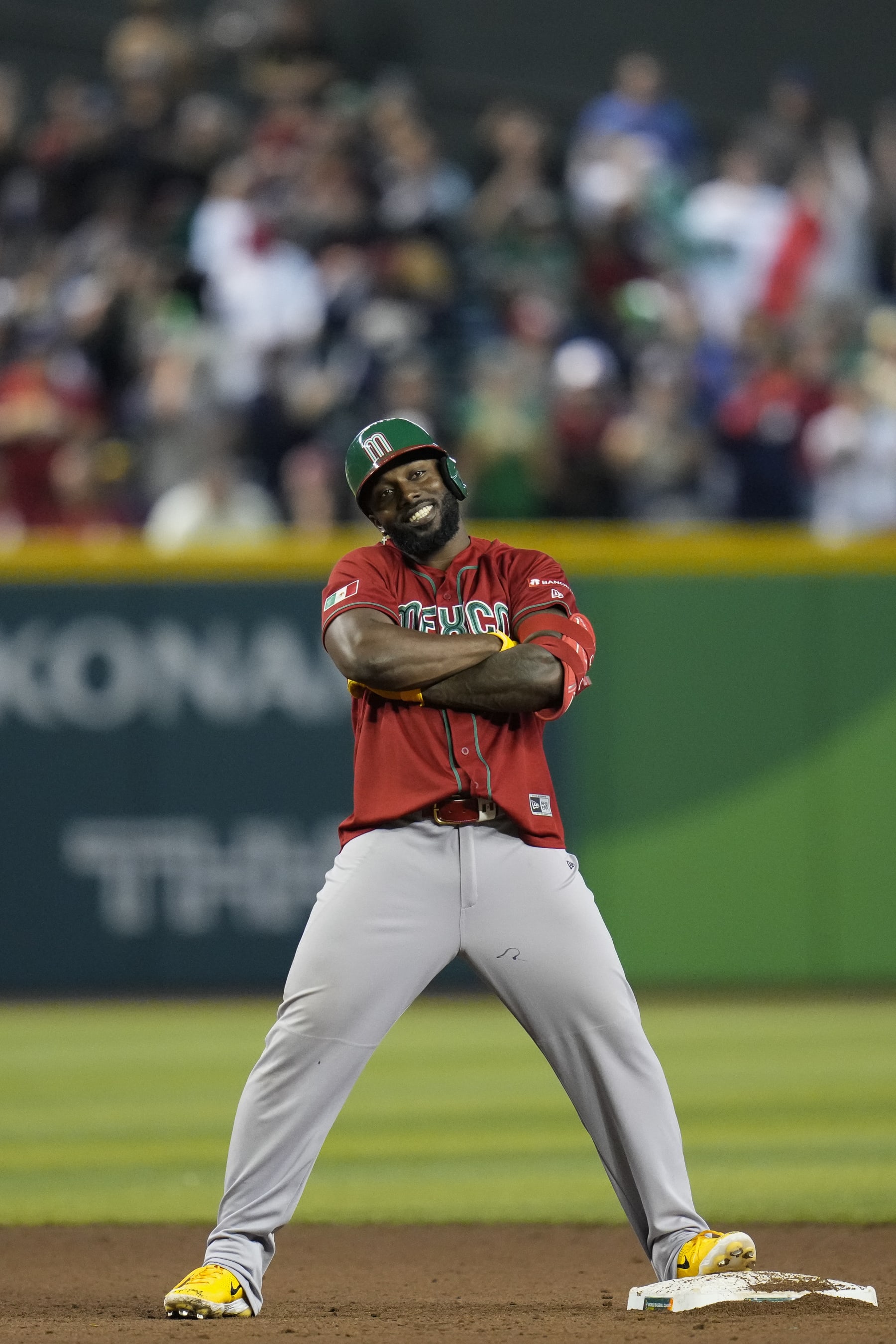 Mexico's Randy Arozarena celebrates after hitting a three-run double against Canada during the sixth inning of a World Baseball Classic game in Phoenix, Wednesday, March 15, 2023. (AP Photo/Godofredo A. Vásquez)