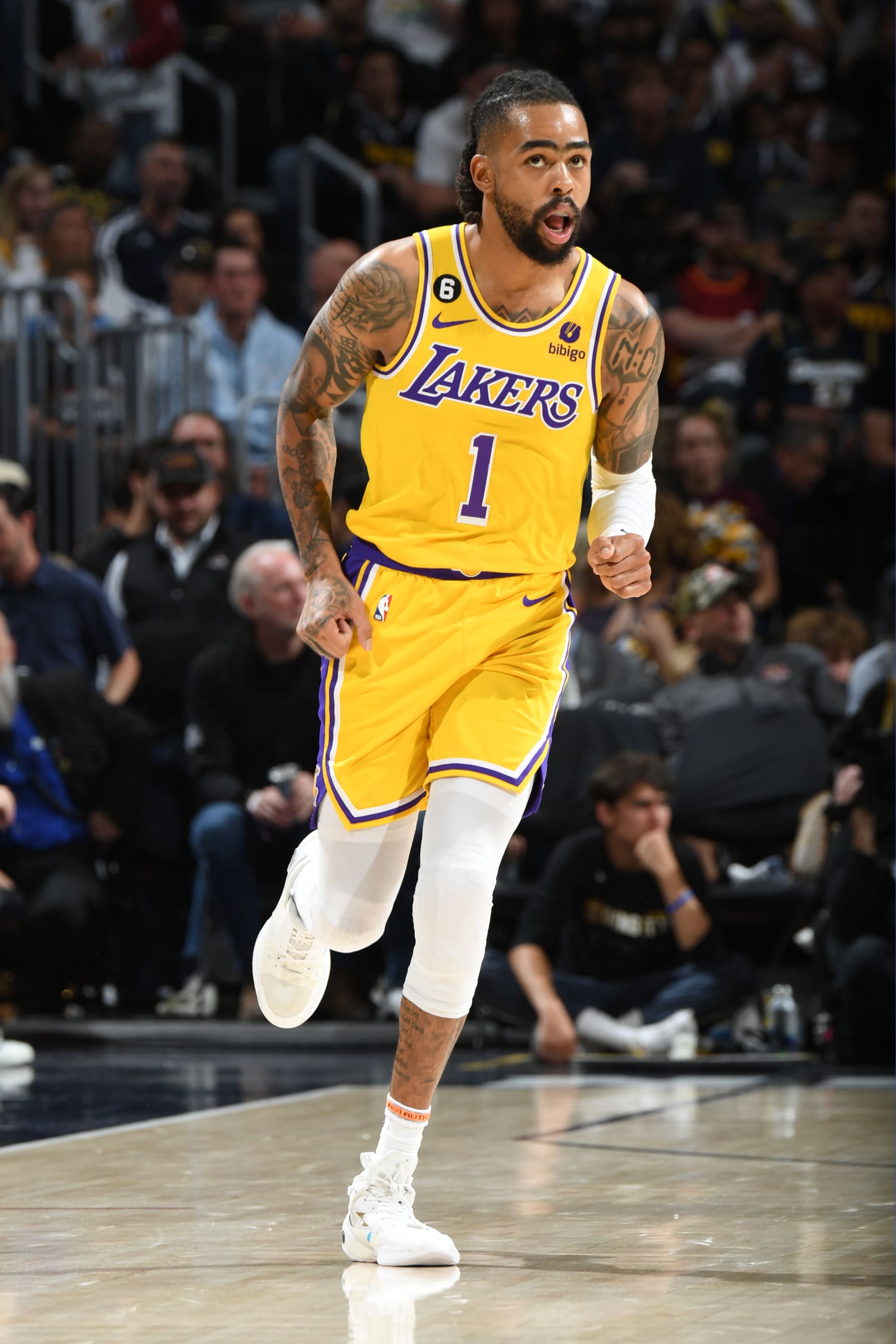 DENVER, CO - MAY 18: D'Angelo Russell #1 of the Los Angeles Lakers looks on during Game 2 of the Western Conference Finals 2023 NBA Playoffs on May 18, 2023 at the Ball Arena in Denver, Colorado. NOTE TO USER: User expressly acknowledges and agrees that, by downloading and/or using this Photograph, user is consenting to the terms and conditions of the Getty Images License Agreement. Mandatory Copyright Notice: Copyright 2023 NBAE (Photo by Andrew D. Bernstein/NBAE via Getty Images)