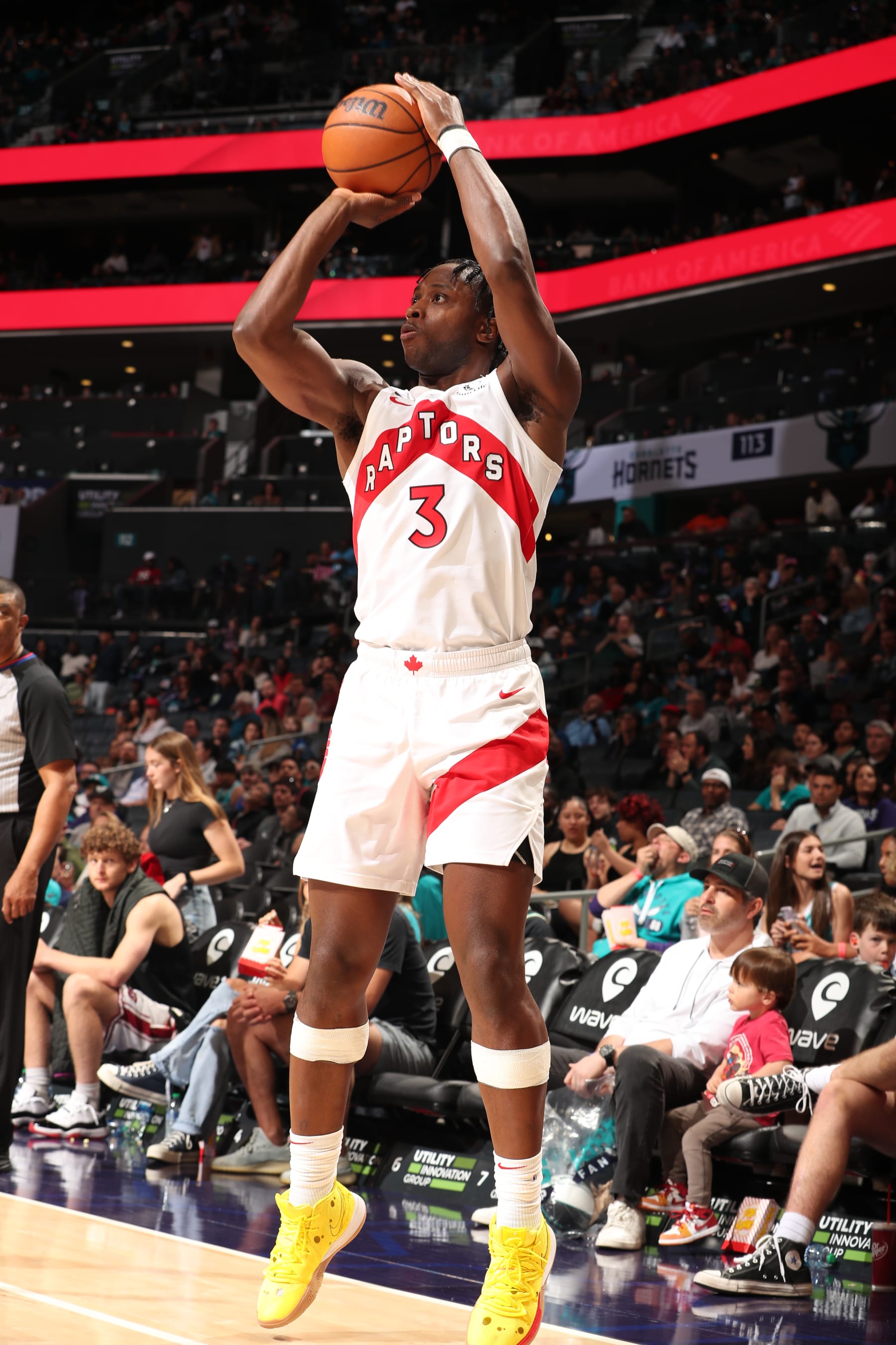 CHARLOTTE, NC - APRIL 2: OG Anunoby #3 of the Toronto Raptors shoots the ball during the game against the Charlotte Hornets on April 2, 2023 at Spectrum Center in Charlotte, North Carolina. NOTE TO USER: User expressly acknowledges and agrees that, by downloading and or using this photograph, User is consenting to the terms and conditions of the Getty Images License Agreement.  Mandatory Copyright Notice:  Copyright 2023 NBAE (Photo by Kent Smith/NBAE via Getty Images)