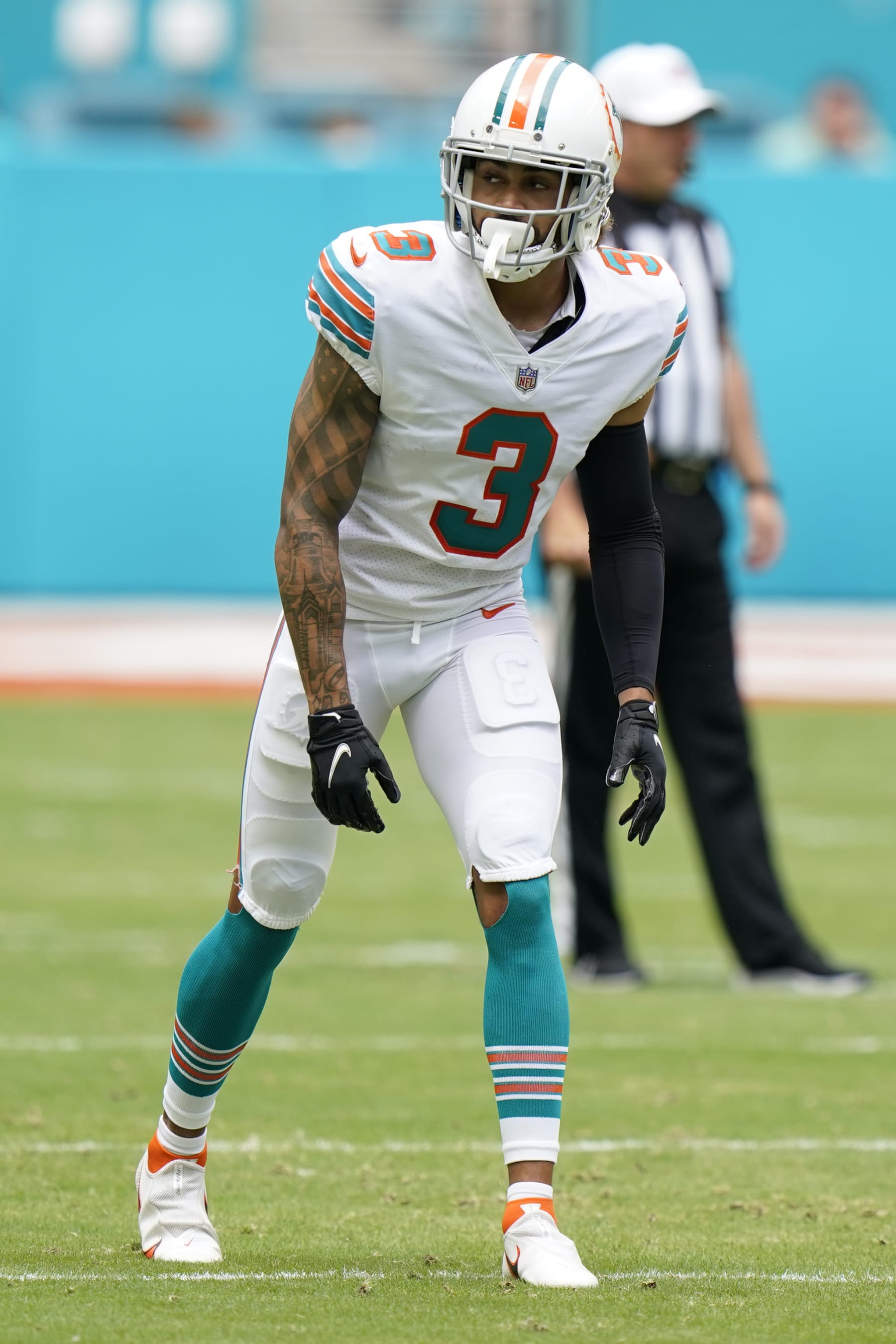 Miami Dolphins wide receiver Will Fuller V (3) gets ready for a play during the first half of an NFL football game against the Indianapolis Colts, Sunday, Oct. 3, 2021, in Miami Gardens, Fla. (AP Photo/WIlfredo Lee)