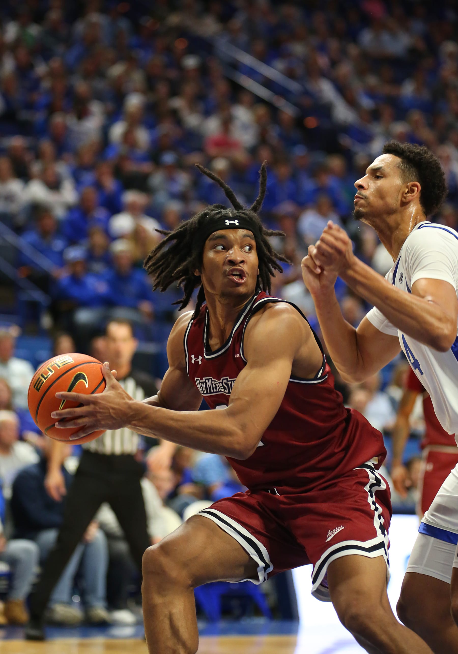 LEXINGTON, KY - NOVEMBER 6: New Mexico State Aggies forward Robert Carpenter (21) in a game between the New Mexico State University Aggies and the Kentucky Wildcats on November 6, 2023, at Rupp Arena in Lexington, KY. (Photo by Jeff Moreland/Icon Sportswire via Getty Images)