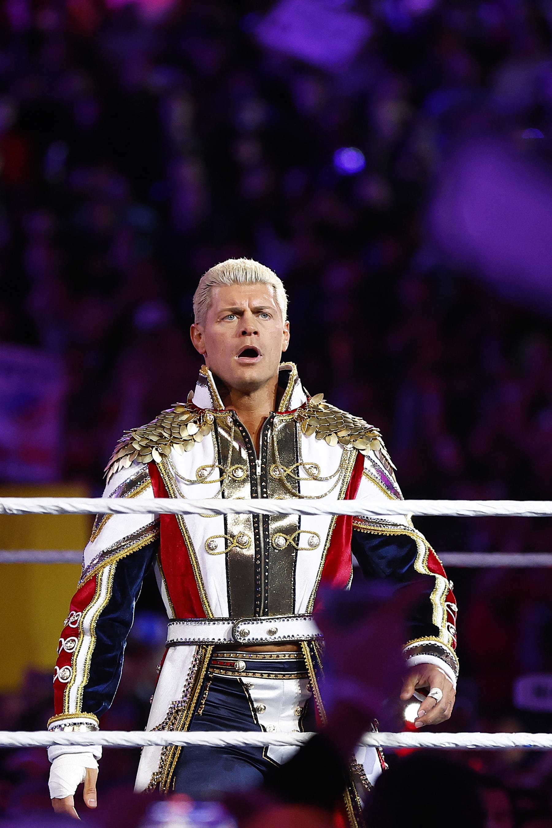 INGLEWOOD, CALIFORNIA - APRIL 02:  (L-R) Cody Rhodes wrestles Roman Reigns for Undisputed WWE Universal Title Match during WrestleMania Goes Hollywood at SoFi Stadium on April 02, 2023 in Inglewood, California.
 (Photo by Ronald Martinez/Getty Images)
