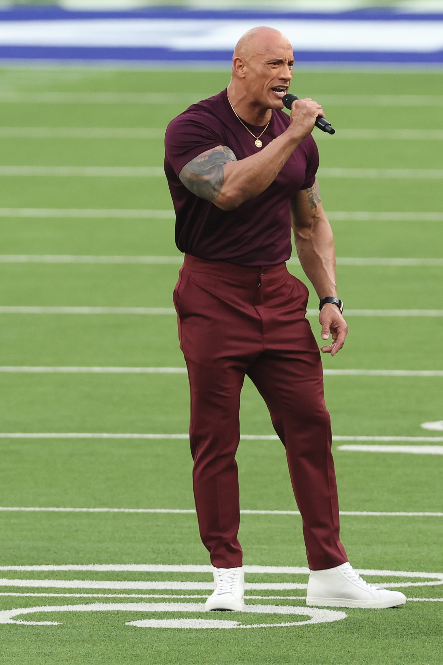 INGLEWOOD, CALIFORNIA - FEBRUARY 13: Entertainer Dwayne "The Rock" Johnson attends the Super Bowl LVI between the Los Angeles Rams and the Cincinnati Bengals at SoFi Stadium on February 13, 2022 in Inglewood, California. (Photo by Rob Carr/Getty Images)