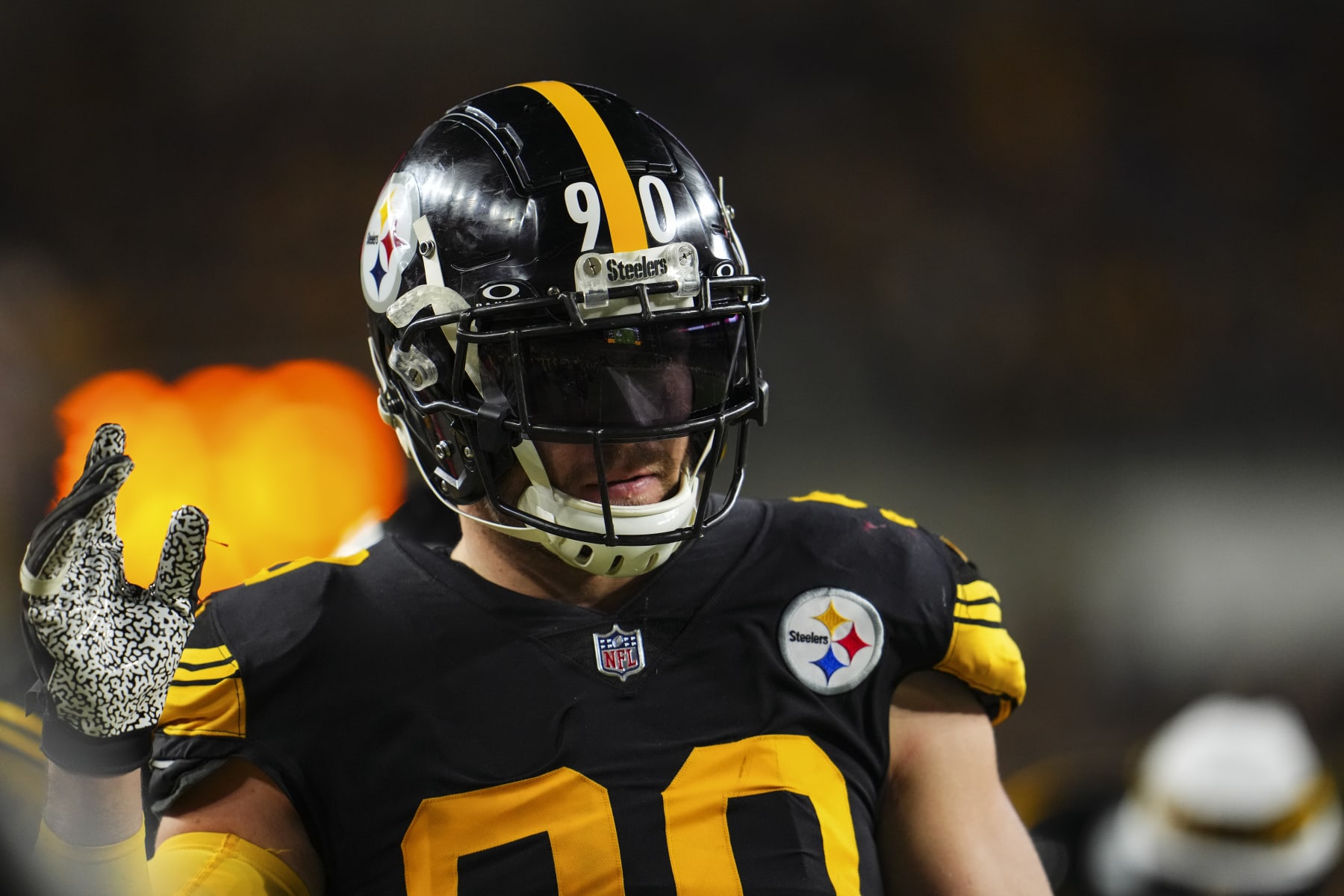 PITTSBURGH, PA - DECEMBER 07: T.J. Watt #90 of the Pittsburgh Steelers reacts during an NFL football game against the New England Patriots at Acrisure Stadium on December 7, 2023 in Pittsburgh, Pennsylvania. (Photo by Cooper Neill/Getty Images)