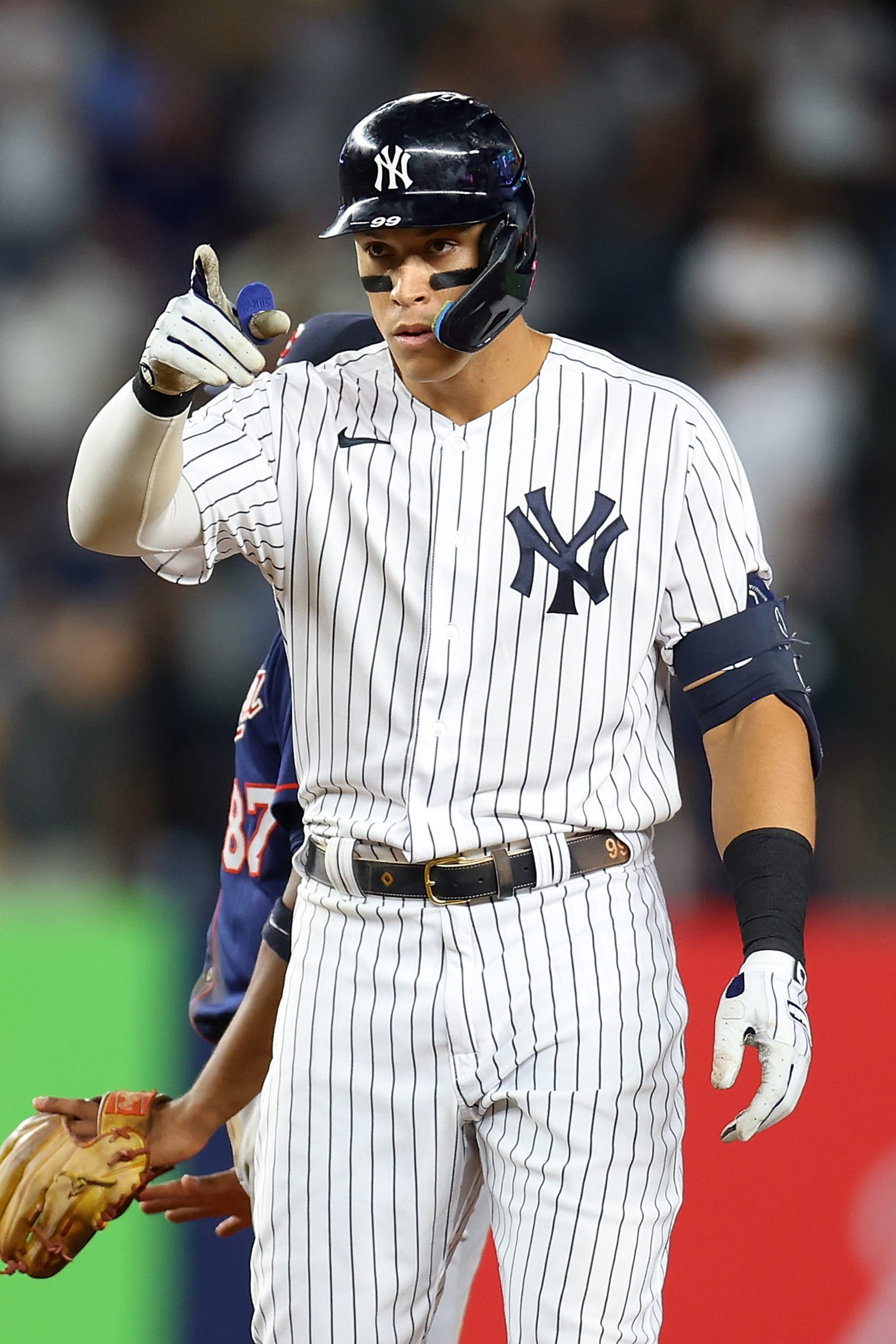 NEW YORK, NEW YORK - SEPTEMBER 08: Aaron Judge #99 of the New York Yankees reacts after hitting a double to left field in the eighth inning against the Minnesota Twins at Yankee Stadium on September 08, 2022 in the Bronx borough of New York City. (Photo by Mike Stobe/Getty Images)