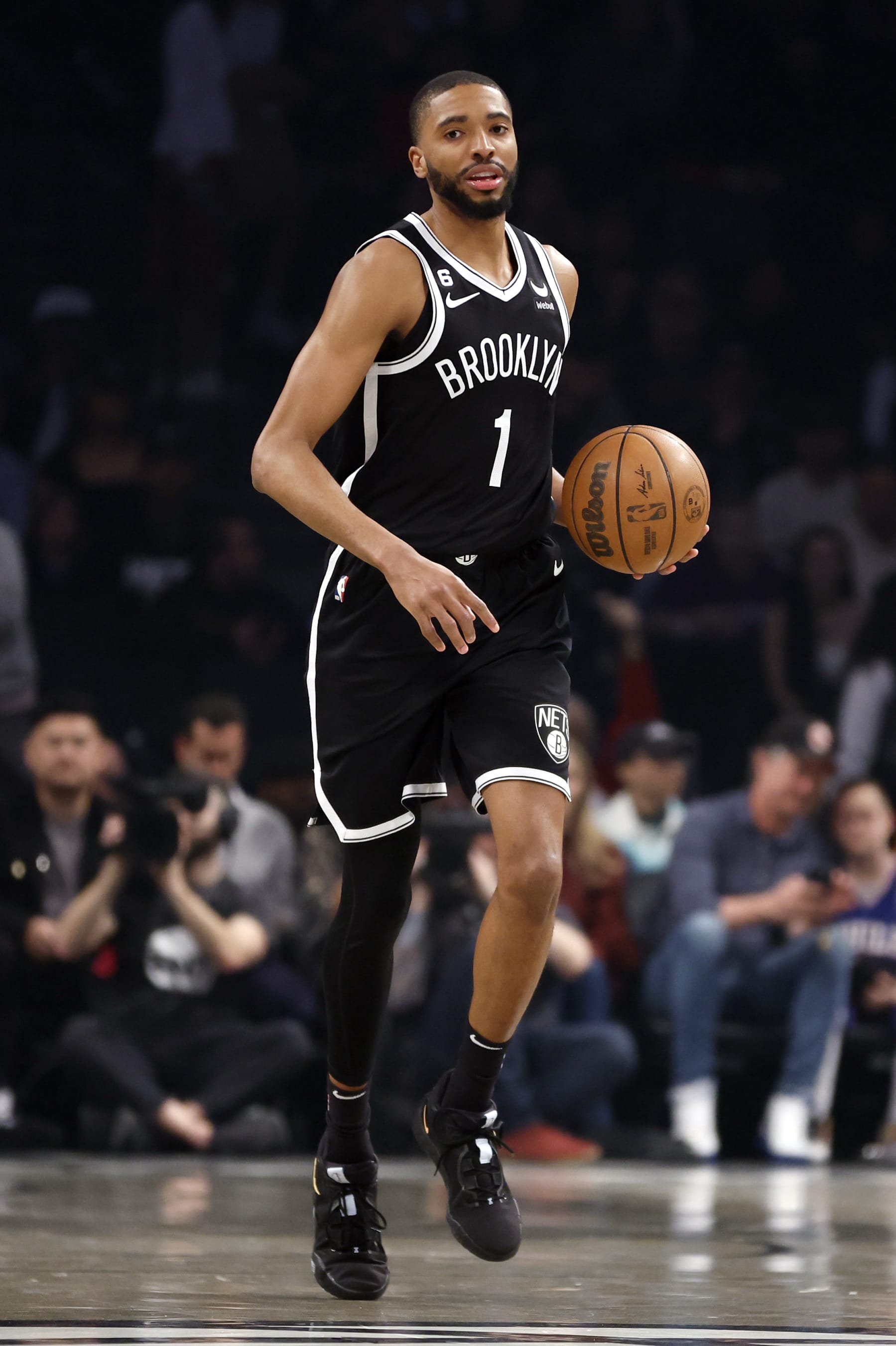 NEW YORK, NEW YORK - APRIL 20: Mikal Bridges #1 of the Brooklyn Nets dribbles against the Philadelphia 76ers during the first half of Game Three of the Eastern Conference First Round Playoffs at Barclays Center on April 20, 2023 in the Brooklyn borough of New York City. NOTE TO USER: User expressly acknowledges and agrees that, by downloading and or using this photograph, User is consenting to the terms and conditions of the Getty Images License Agreement. (Photo by Sarah Stier/Getty Images)