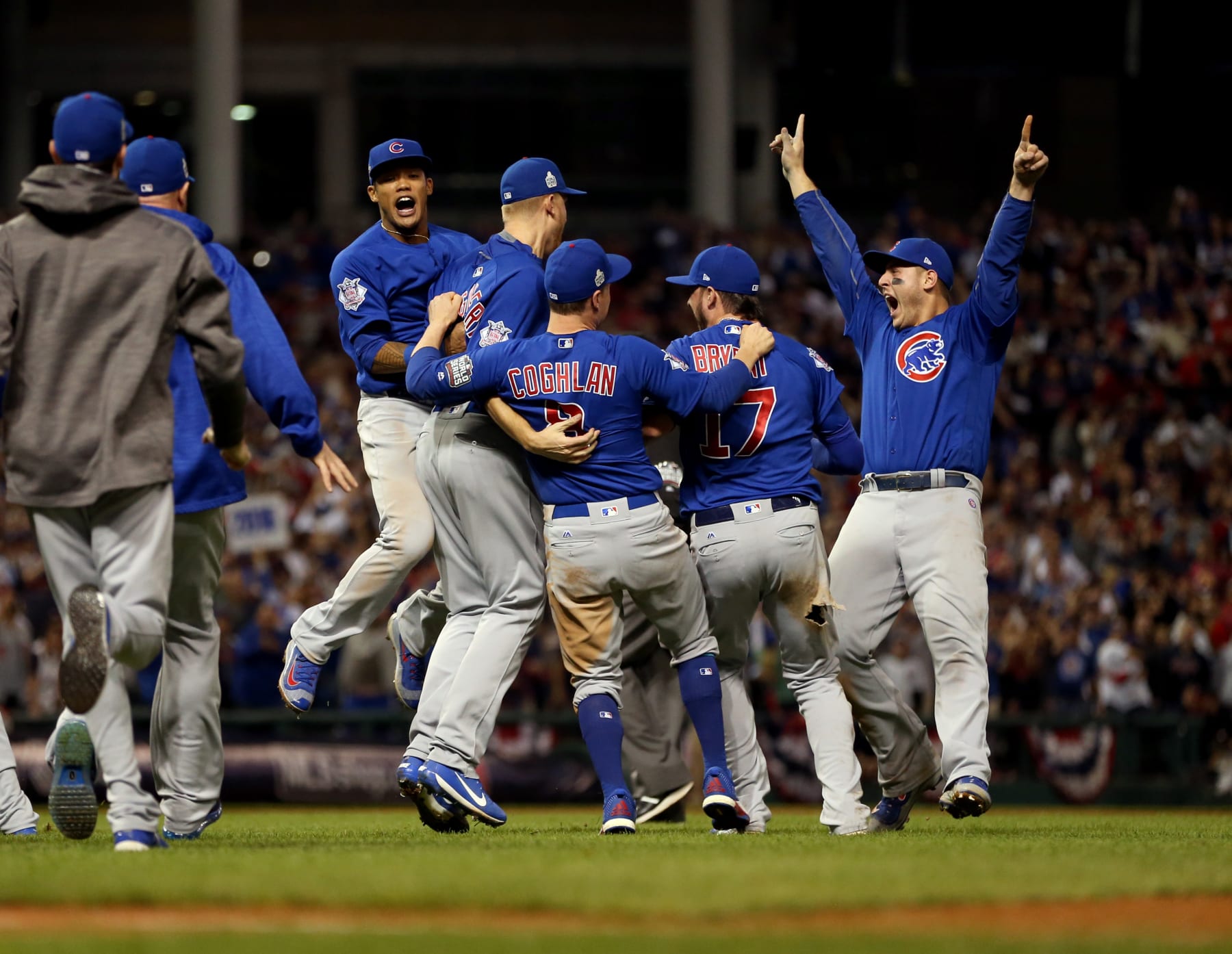 CLEVELAND, OH - NOVEMBER 2:  Addison Russell #27, Ryand Dempster, Chris Coghlan #8, Kris Bryant #17 and Anthony Rizzo #44 of the Chicago Cubs celebrate after winning Game 7 of the 2016 World Series against the Cleveland Indians at Progressive Field on Wednesday, November 2, 2016 in Cleveland, Ohio. (Photo by Brad Mangin/MLB via Getty Images) 