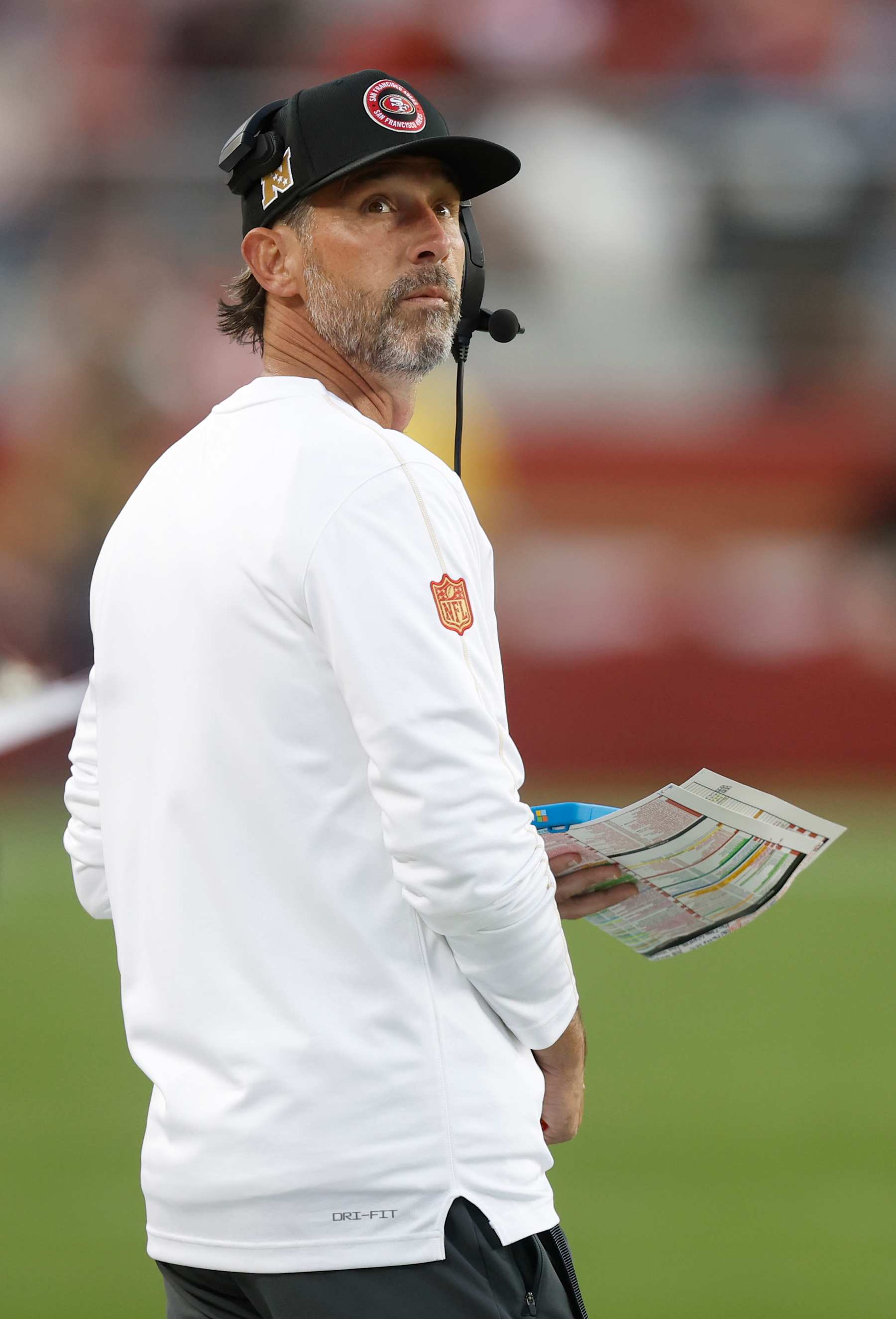 SANTA CLARA, CALIFORNIA - OCTOBER 27: Head coach Kyle Shanahan of the San Francisco 49ers looks on during the first quarter against the Dallas Cowboys at Levi's Stadium on October 27, 2024 in Santa Clara, California. (Photo by Lachlan Cunningham/Getty Images)