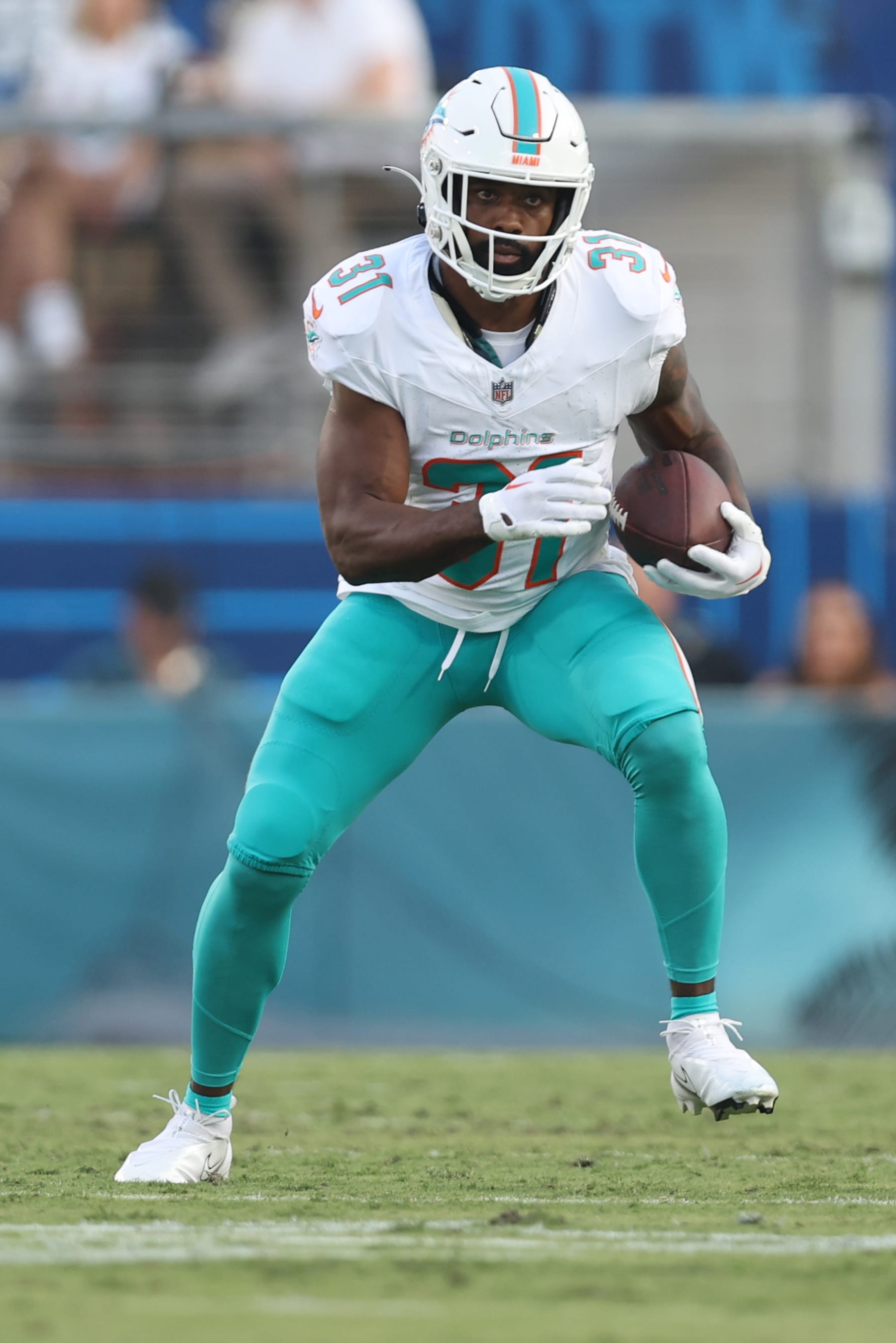 JACKSONVILLE, FL - AUGUST 26: Raheem Mostert #31 of the Miami Dolphins runs up field against the Jacksonville Jaguars during the first half at EverBank Stadium on Saturday, August 26, 2023 in Jacksonville, Florida. (Photo by Perry Knotts/Getty Images)