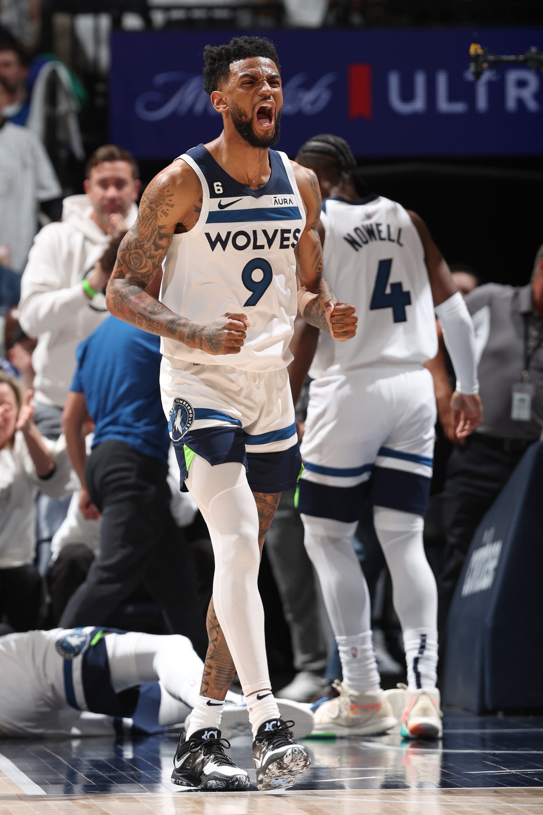 MINNEAPOLIS, MN -  APRIL 21: Nickeil Alexander-Walker #9 of the Minnesota Timberwolves reacts during the game against the Denver Nuggets during the 2023 NBA Playoffs on April 21, 2023 at Target Center in Minneapolis, Minnesota. NOTE TO USER: User expressly acknowledges and agrees that, by downloading and or using this Photograph, user is consenting to the terms and conditions of the Getty Images License Agreement. Mandatory Copyright Notice: Copyright 2023 NBAE (Photo by David Sherman/NBAE via Getty Images)