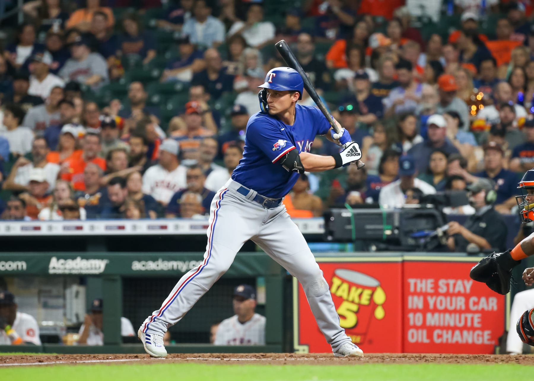 HOUSTON, TX - SEPTEMBER 06:  Texas Rangers shortstop Corey Seager (5) watches the pitch in the top of the fifth inning during the MLB game between the Texas Rangers and Houston Astros on September 6, 2022 at Minute Maid Park in Houston, Texas.  (Photo by Leslie Plaza Johnson/Icon Sportswire via Getty Images)