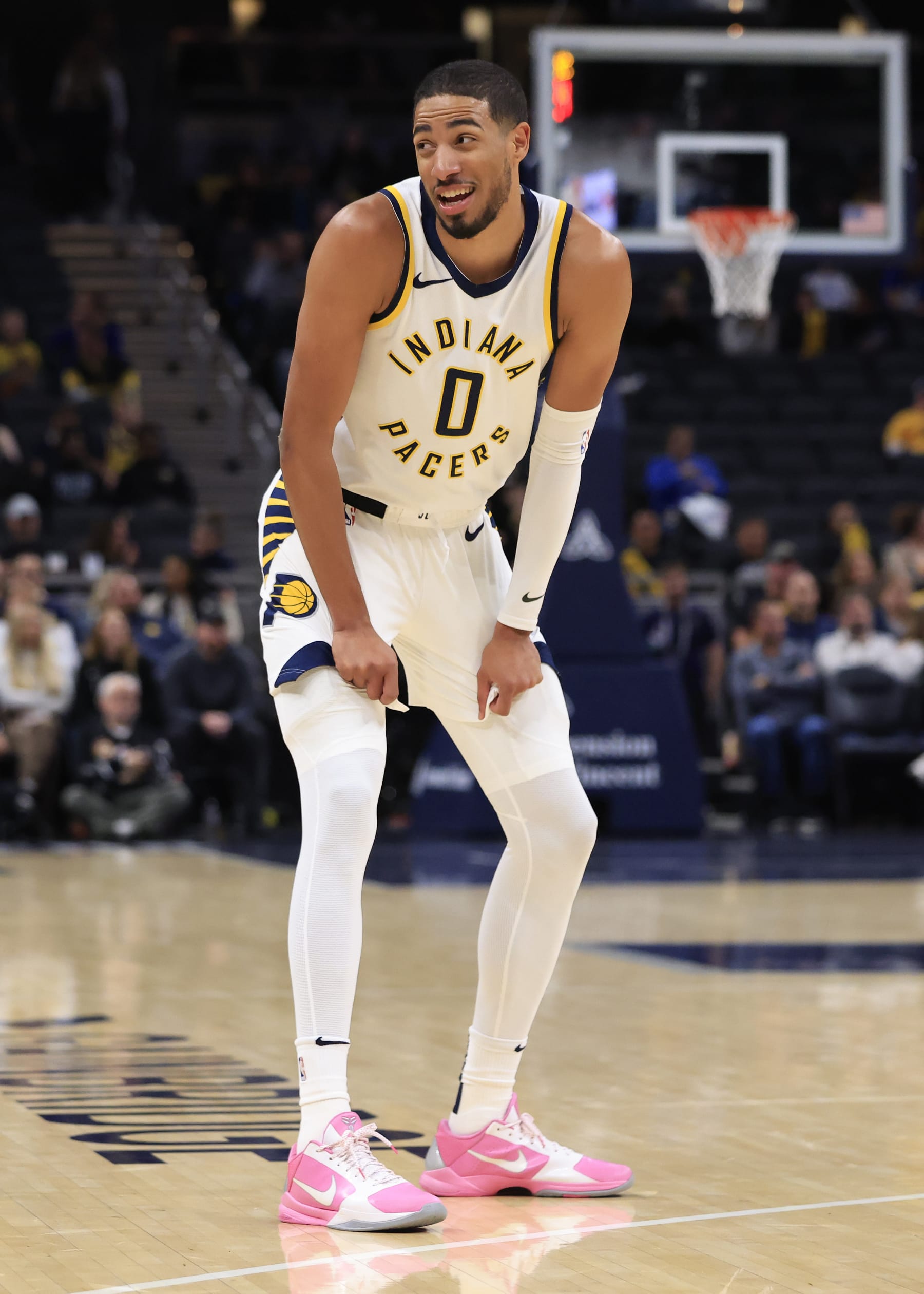 INDIANAPOLIS, INDIANA - OCTOBER 16: Tyrese Haliburton #0 of the Indiana Pacers reacts in the game against the Atlanta Hawks at Gainbridge Fieldhouse on October 16, 2023 in Indianapolis, Indiana. NOTE TO USER: User expressly acknowledges and agrees that, by downloading and or using this photograph, User is consenting to the terms and conditions of the Getty Images License Agreement. (Photo by Justin Casterline/Getty Images)