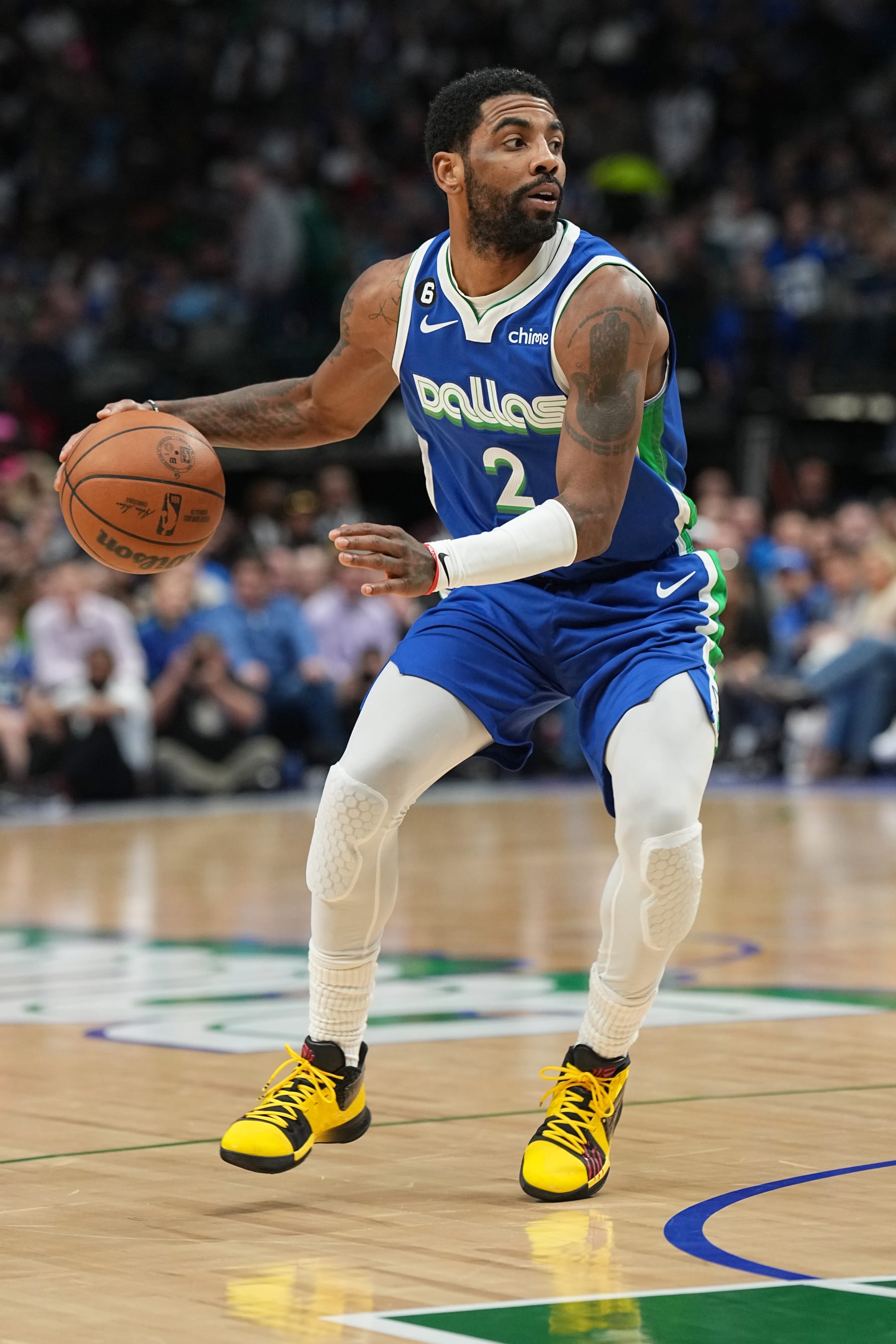 DALLAS, TX - FEBRUARY 13: Kyrie Irving #2 of the Dallas Mavericks moves the ball during the game against the Minnesota Timberwolves on February 13, 2023 at the American Airlines Center in Dallas, Texas. NOTE TO USER: User expressly acknowledges and agrees that, by downloading and or using this photograph, User is consenting to the terms and conditions of the Getty Images License Agreement. Mandatory Copyright Notice: Copyright 2023 NBAE (Photo by Glenn James/NBAE via Getty Images)