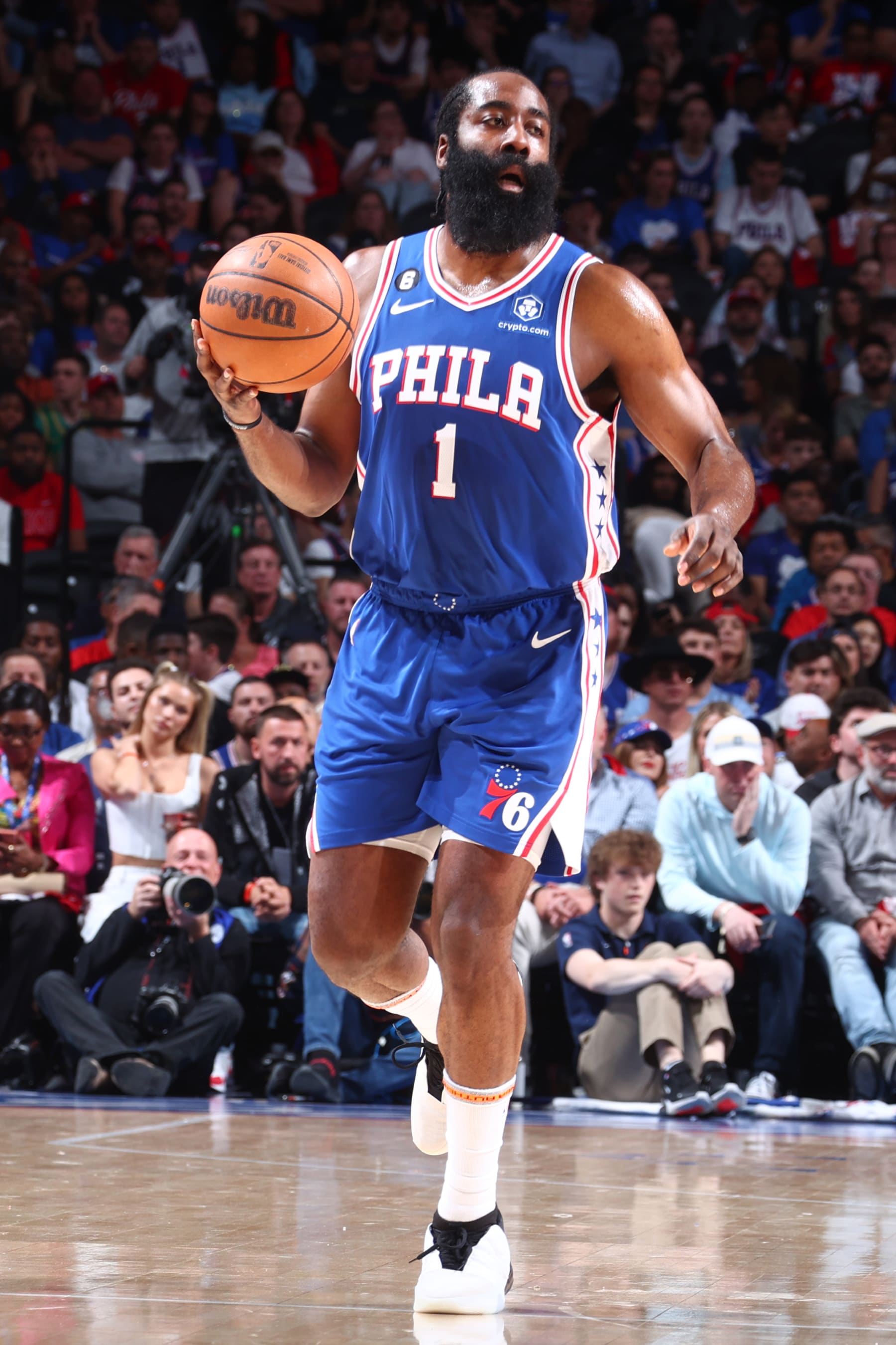 PHILADELPHIA, PA - MAY 11:  James Harden #1 of the Philadelphia 76ers goes to the basket during the game during round two game six of the 2023 NBA Playoffs on on May 11, 2023 at the Wells Fargo Center in Philadelphia, Pennsylvania NOTE TO USER: User expressly acknowledges and agrees that, by downloading and/or using this Photograph, user is consenting to the terms and conditions of the Getty Images License Agreement. Mandatory Copyright Notice: Copyright 2023 NBAE (Photo by Nathaniel S. Butler/NBAE via Getty Images)
