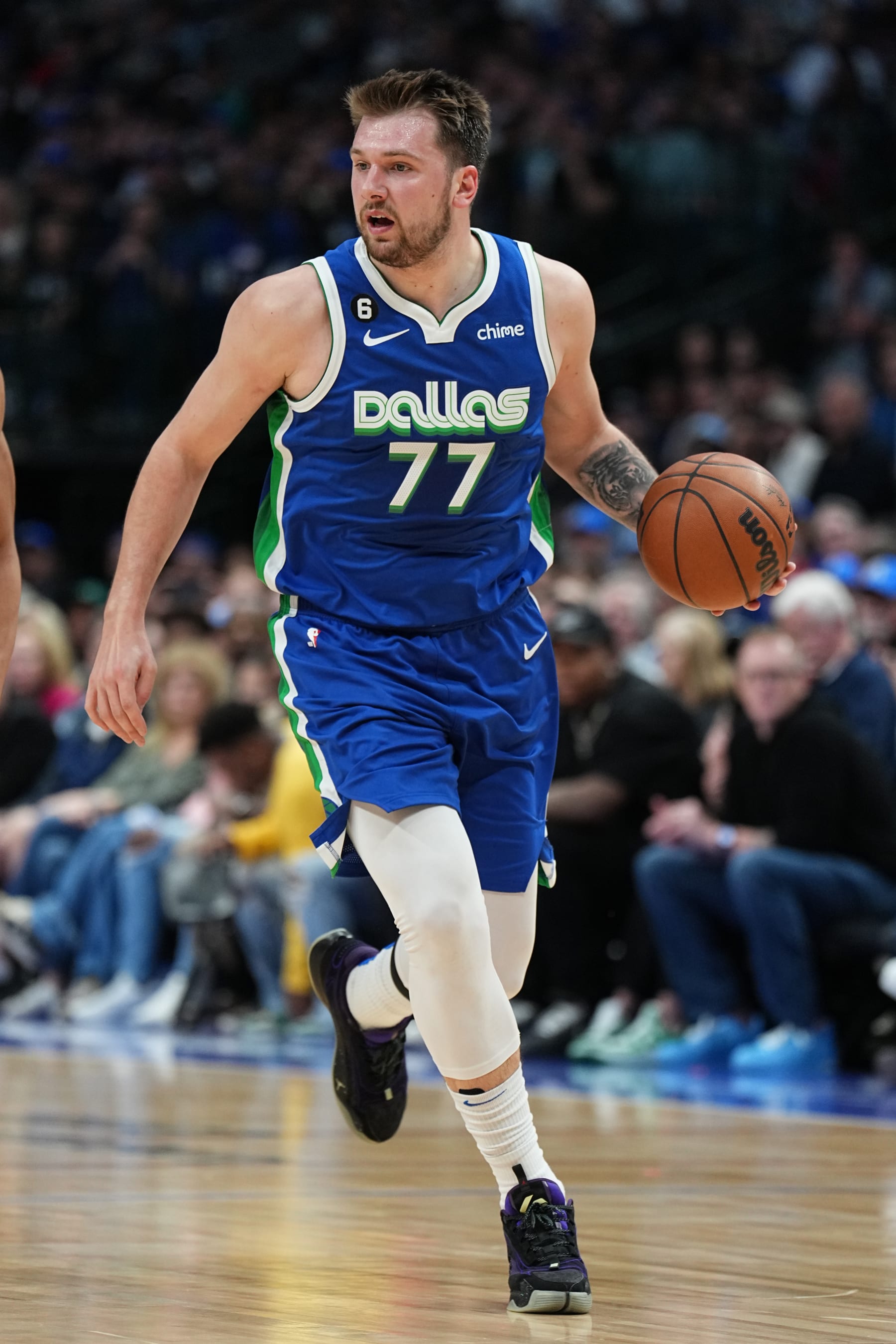 DALLAS, TX - APRIL 5: Luka Doncic #77 of the Dallas Mavericks dribbles the ball during the game against the Sacramento Kings on April 5, 2023 at the American Airlines Center in Dallas, Texas. NOTE TO USER: User expressly acknowledges and agrees that, by downloading and or using this photograph, User is consenting to the terms and conditions of the Getty Images License Agreement. Mandatory Copyright Notice: Copyright 2023 NBAE (Photo by Glenn James/NBAE via Getty Images)