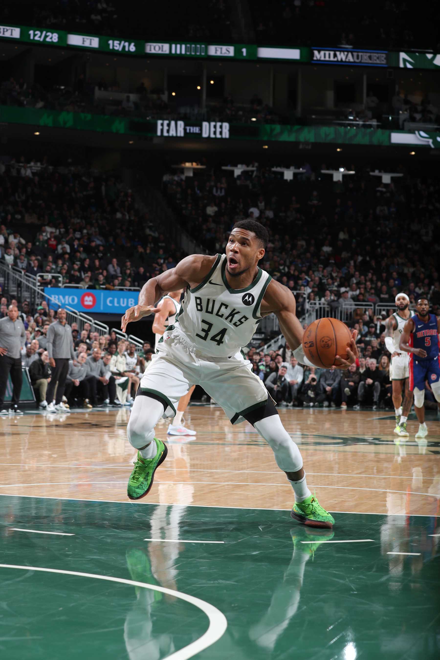 MILWAUKEE, WI - NOVEMBER 13: Giannis Antetokounmpo #34 of the Milwaukee Bucks drives to the basket during the game against the Detroit Pistons on November 13, 2024 at the Fiserv Forum Center in Milwaukee, Wisconsin. NOTE TO USER: User expressly acknowledges and agrees that, by downloading and or using this Photograph, user is consenting to the terms and conditions of the Getty Images License Agreement. Mandatory Copyright Notice: Copyright 2024 NBAE (Photo by Gary Dineen/NBAE via Getty Images).