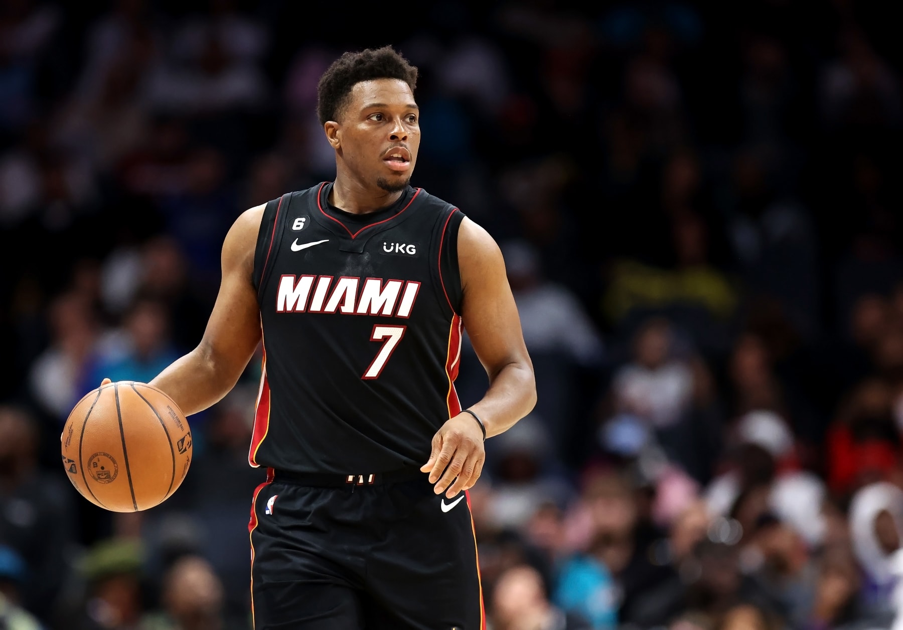 CHARLOTTE, NORTH CAROLINA - JANUARY 29: Kyle Lowry #7 of the Miami Heat brings the ball down the court during the third quarter of a basketball game against the Charlotte Hornets at Spectrum Center on January 29, 2023 in Charlotte, North Carolina. NOTE TO USER: User expressly acknowledges and agrees that, by downloading and or using this photograph, User is consenting to the terms and conditions of the Getty Images License Agreement. (Photo by David Jensen/Getty Images)