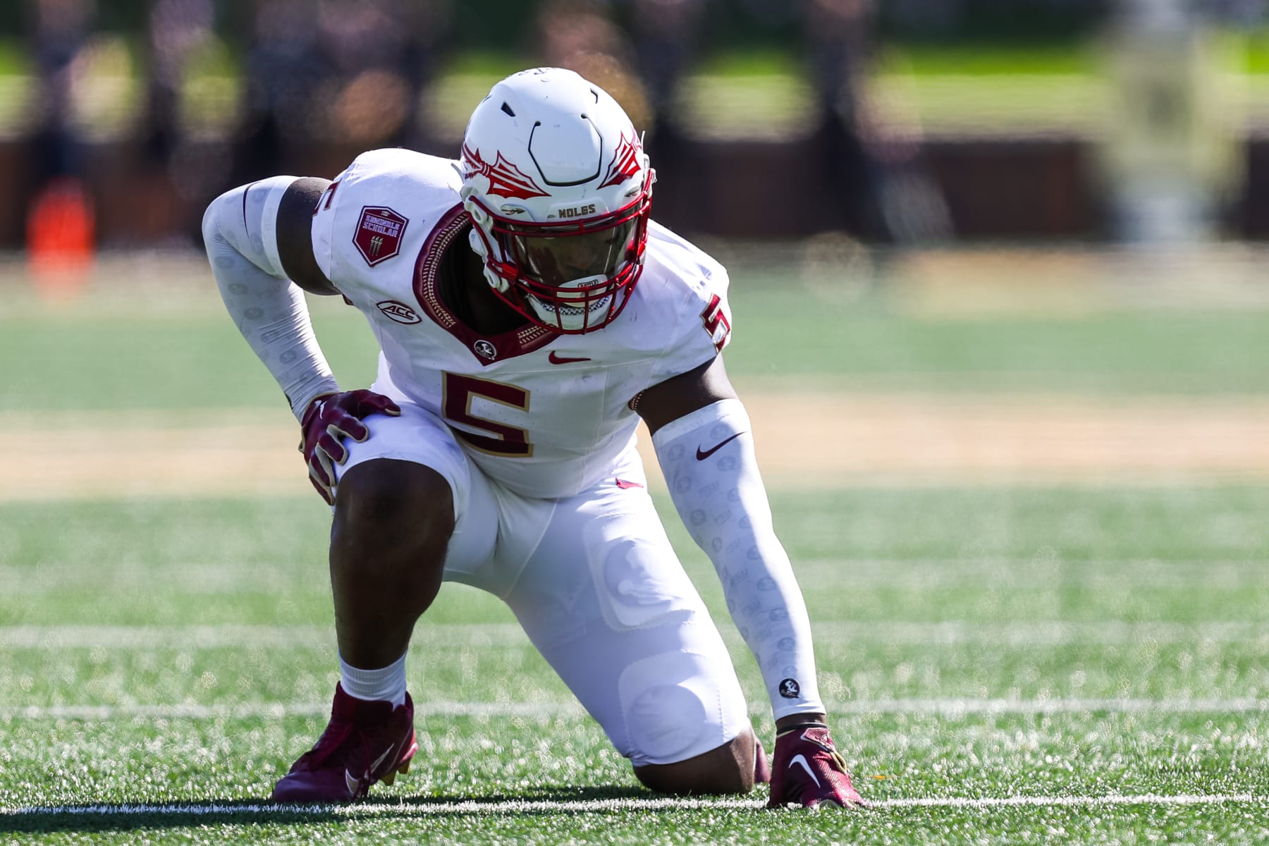 CHARLOTTE, NC - OCTOBER 28: Jared Verse #5 of the Florida State Seminoles prepares for the snap during a football game against the Wake Forest Demon Deacons at Allegacy Federal Credit Union Stadium in Winston-Salem, North Carolina on Oct 28, 2023. (Photo by David Jensen/Icon Sportswire via Getty Images)