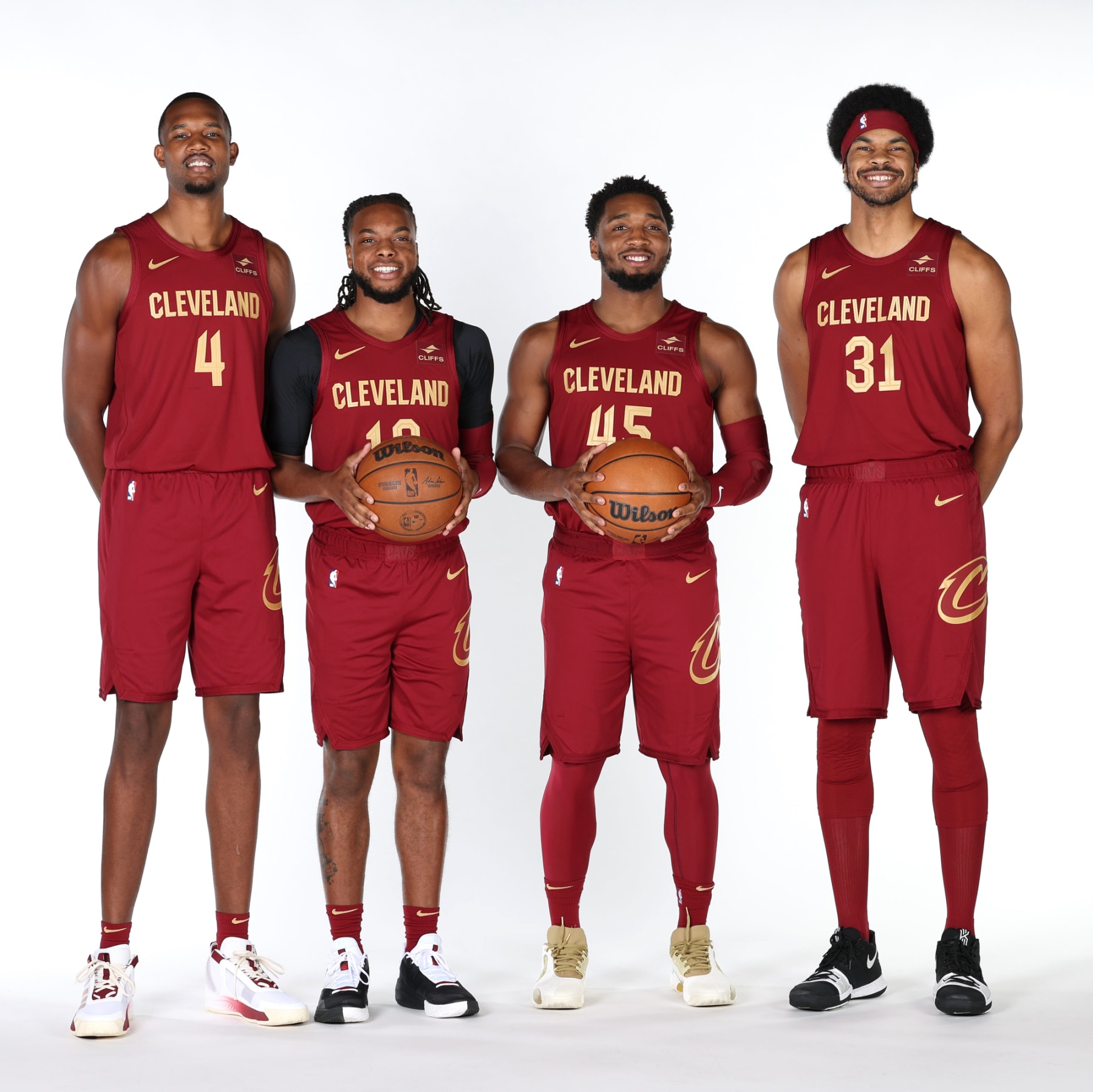 CLEVELAND, OH - OCTOBER 02: Evan Mobley #4,  Jarrett Allen #31, Darius Garland #10, and Donovan Mitchell #45 of the Cleveland Cavaliers poses for a portrait during 2023-24 NBA Media Day on October 2, 2023 at Rocket Mortgage FieldHouse in Cleveland, Ohio. NOTE TO USER: User expressly acknowledges and agrees that, by downloading and/or using this Photograph, user is consenting to the terms and conditions of the Getty Images License Agreement. Mandatory Copyright Notice: Copyright 2023 NBAE (Photo by Lauren Leigh Bacho/NBAE via Getty Images)