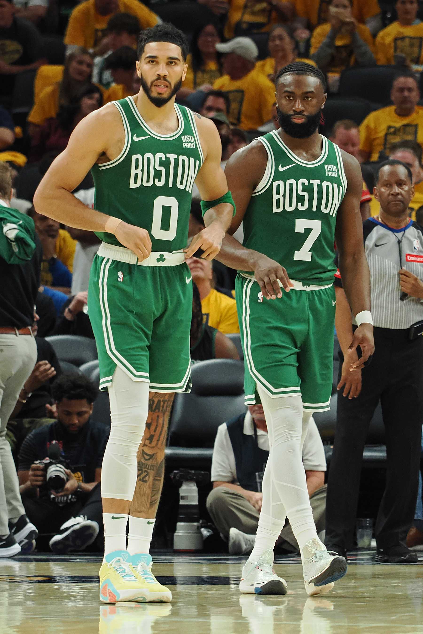 INDIANAPOLIS, IN - MAY 27:  Jayson Tatum #0 and Jaylen Brown #7 of the Boston Celtics looks on during the game against the Indiana Pacers during Game 4 of the Eastern Conference Finals of the 2024 NBA Playoffs on May 27, 2024 at Gainbridge Fieldhouse in Indianapolis, Indiana. NOTE TO USER: User expressly acknowledges and agrees that, by downloading and or using this Photograph, user is consenting to the terms and conditions of the Getty Images License Agreement. Mandatory Copyright Notice: Copyright 2024 NBAE (Photo by Ron Hoskins/NBAE via Getty Images)