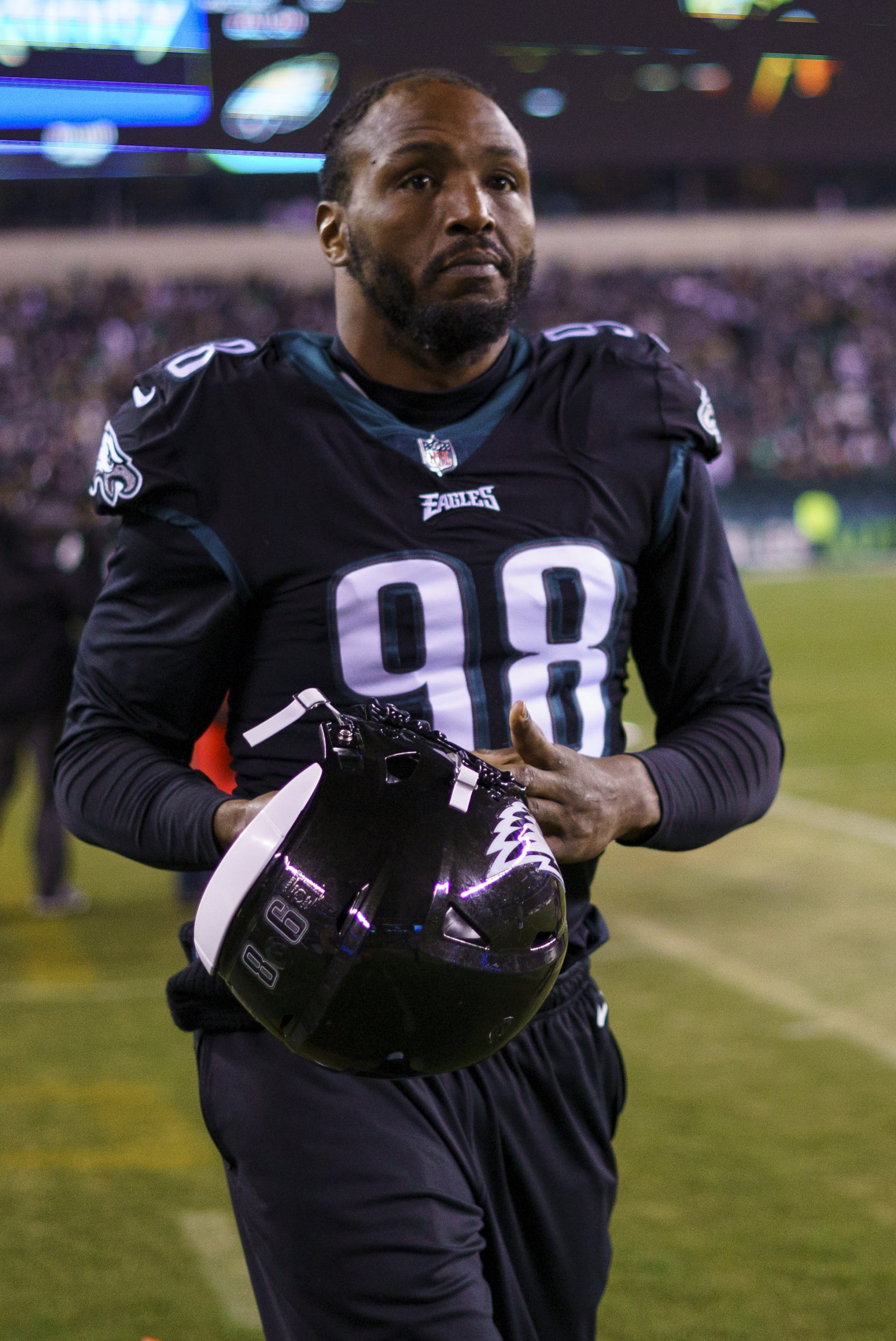 Philadelphia Eagles defensive end Robert Quinn (98) looks on during the NFL football game against the Green Bay Packers, Sunday, Nov. 27, 2022, in Philadelphia. (AP Photo/Chris Szagola)