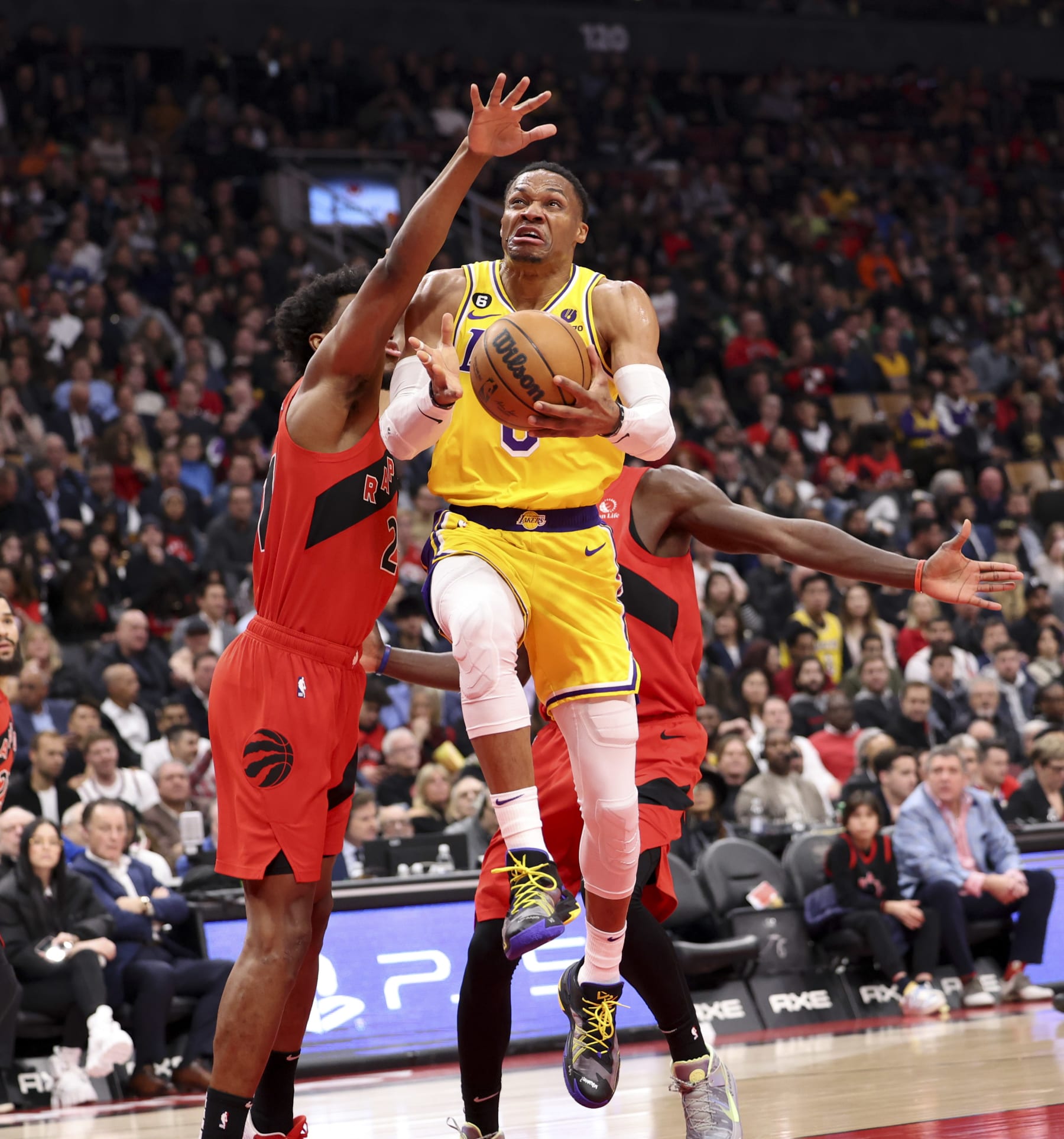 TORONTO, ON - December 7   In first half action, Los Angeles Lakers guard Russell Westbrook (0) drives to the hoop
The Toronto Raptors took on the Los Angeles Lakers in NBA basketball action at the Scotiabank Arena in Toronto.
December 7 2022        (Richard Lautens/Toronto Star via Getty Images)