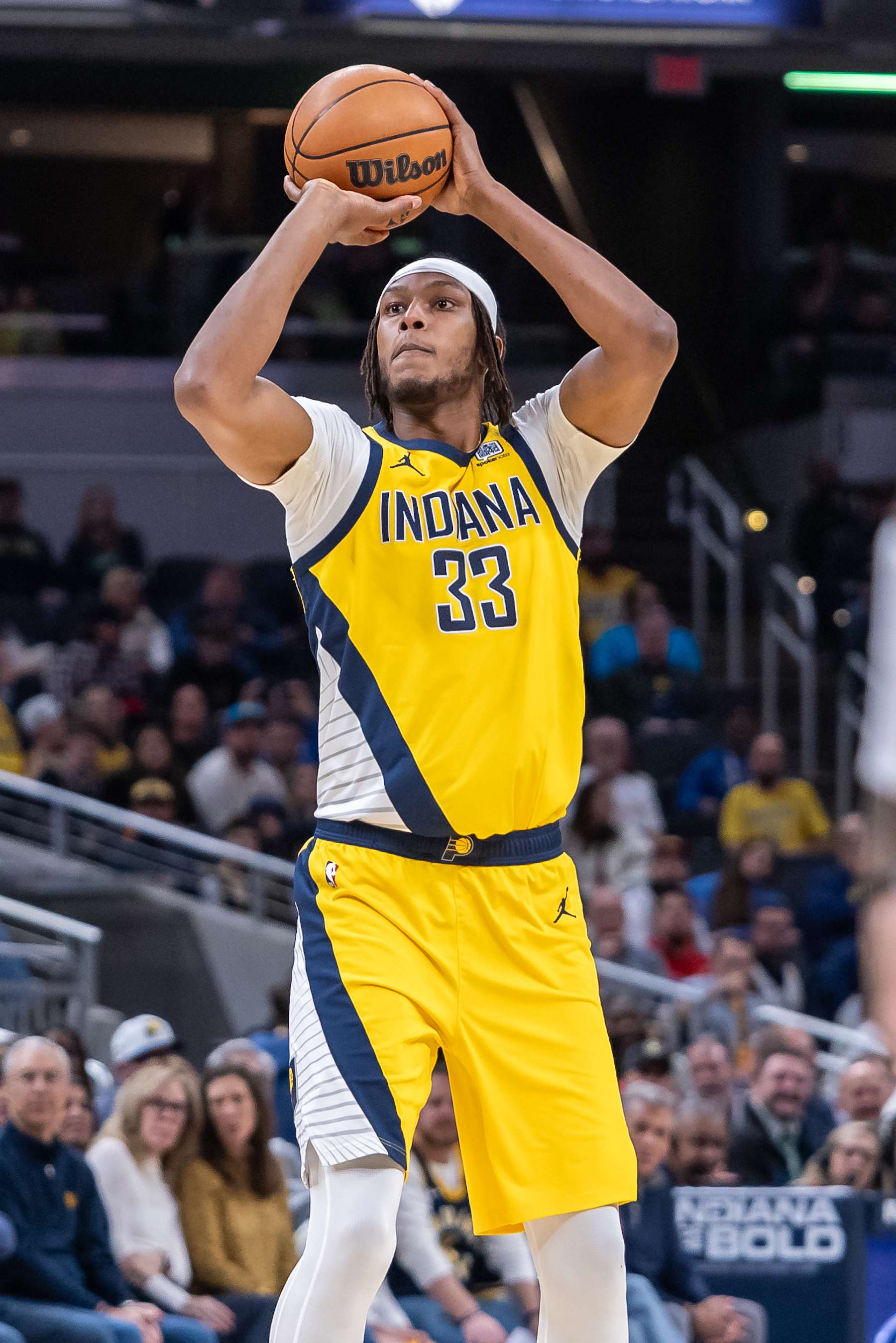 INDIANAPOLIS, INDIANA - JANUARY 18: Myles Turner #33 of the Indiana Pacers shoots the ball during the game against the Philadelphia 76ers at Gainbridge Fieldhouse on January 18, 2025 in Indianapolis, Indiana. NOTE TO USER: User expressly acknowledges and agrees that, by downloading and or using this photograph, User is consenting to the terms and conditions of the Getty Images License Agreement.  (Photo by Michael Hickey/Getty Images)