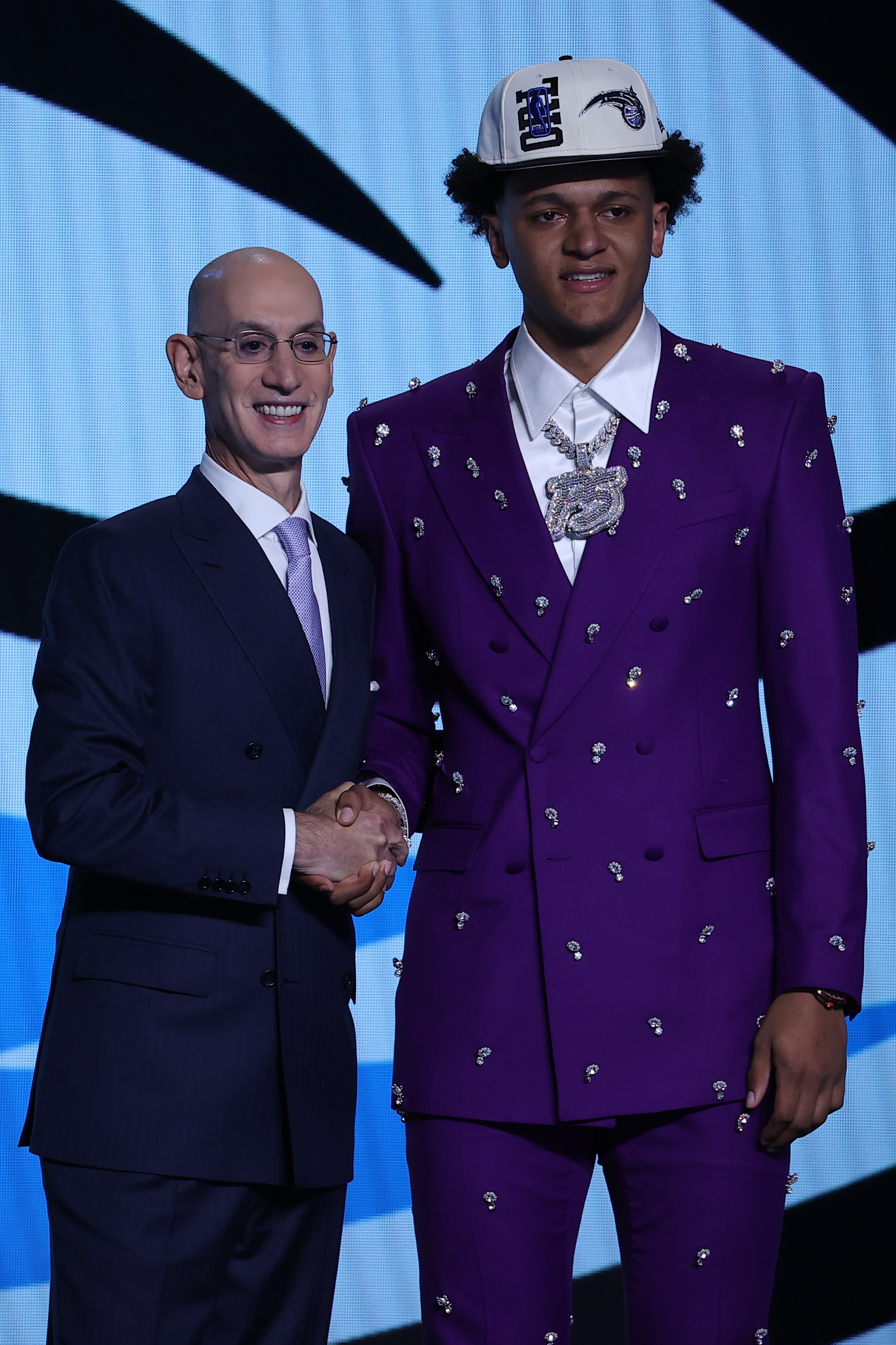 NEW YORK, NY, USA - JUNE 23: Paolo Banchero poses for a photo with NBA Commissioner, Adam Silver (L) after being selected number one overall by the Orlando Magic during the 2022 NBA Draft on June 23, 2022 at Barclays Center in Brooklyn, New York, United States. (Photo by Tayfun Coskun/Anadolu Agency via Getty Images)