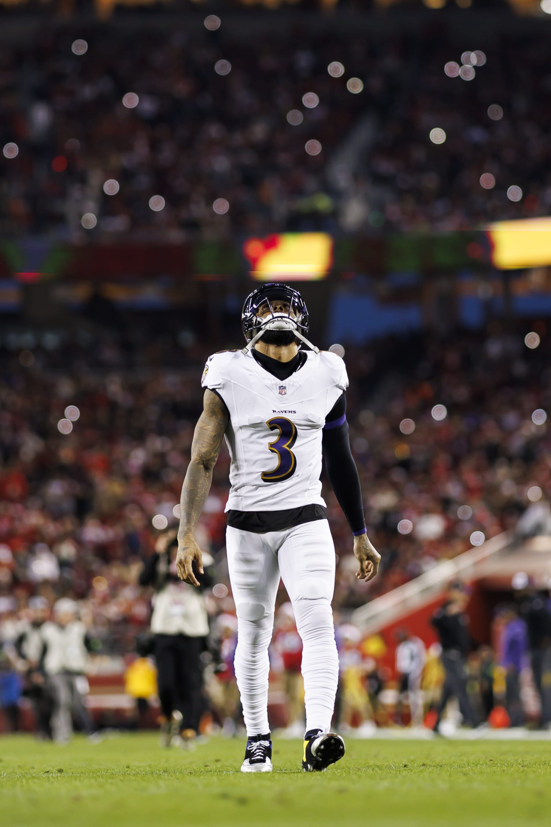 SANTA CLARA, CALIFORNIA - DECEMBER 25: Odell Beckham Jr. #3 of the Baltimore Ravens looks on before an NFL football game against the San Francisco 49ers at Levi's Stadium on December 25, 2023 in Santa Clara, California. (Photo by Ryan Kang/Getty Images)