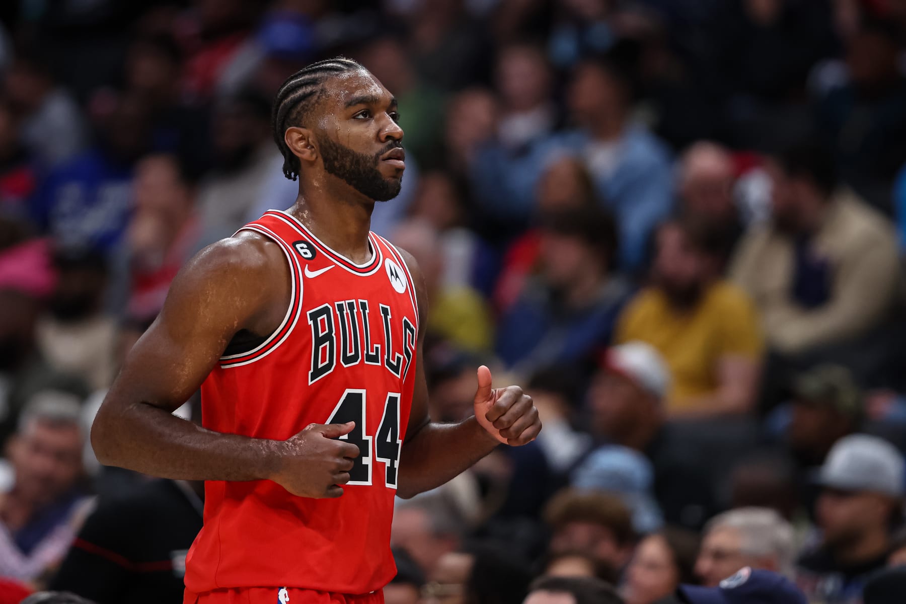 WASHINGTON, DC - OCTOBER 21: Patrick Williams #44 of the Chicago Bulls looks on against the Washington Wizards during the second half at Capital One Arena on October 21, 2022 in Washington, DC. NOTE TO USER: User expressly acknowledges and agrees that, by downloading and or using this photograph, User is consenting to the terms and conditions of the Getty Images License Agreement. (Photo by Scott Taetsch/Getty Images)