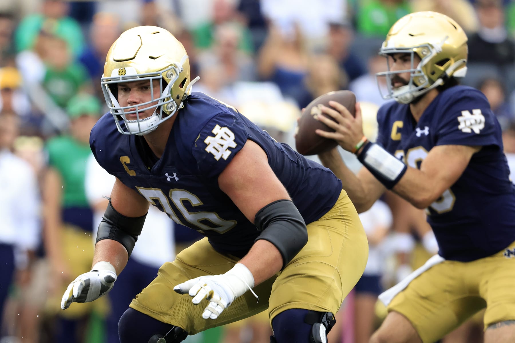 SOUTH BEND, INDIANA - SEPTEMBER 16: Joe Alt #76 of the Notre Dame Fighting Irish in action in the game against the Central Michigan Chippewas at Notre Dame Stadium on September 16, 2023 in South Bend, Indiana. (Photo by Justin Casterline/Getty Images)