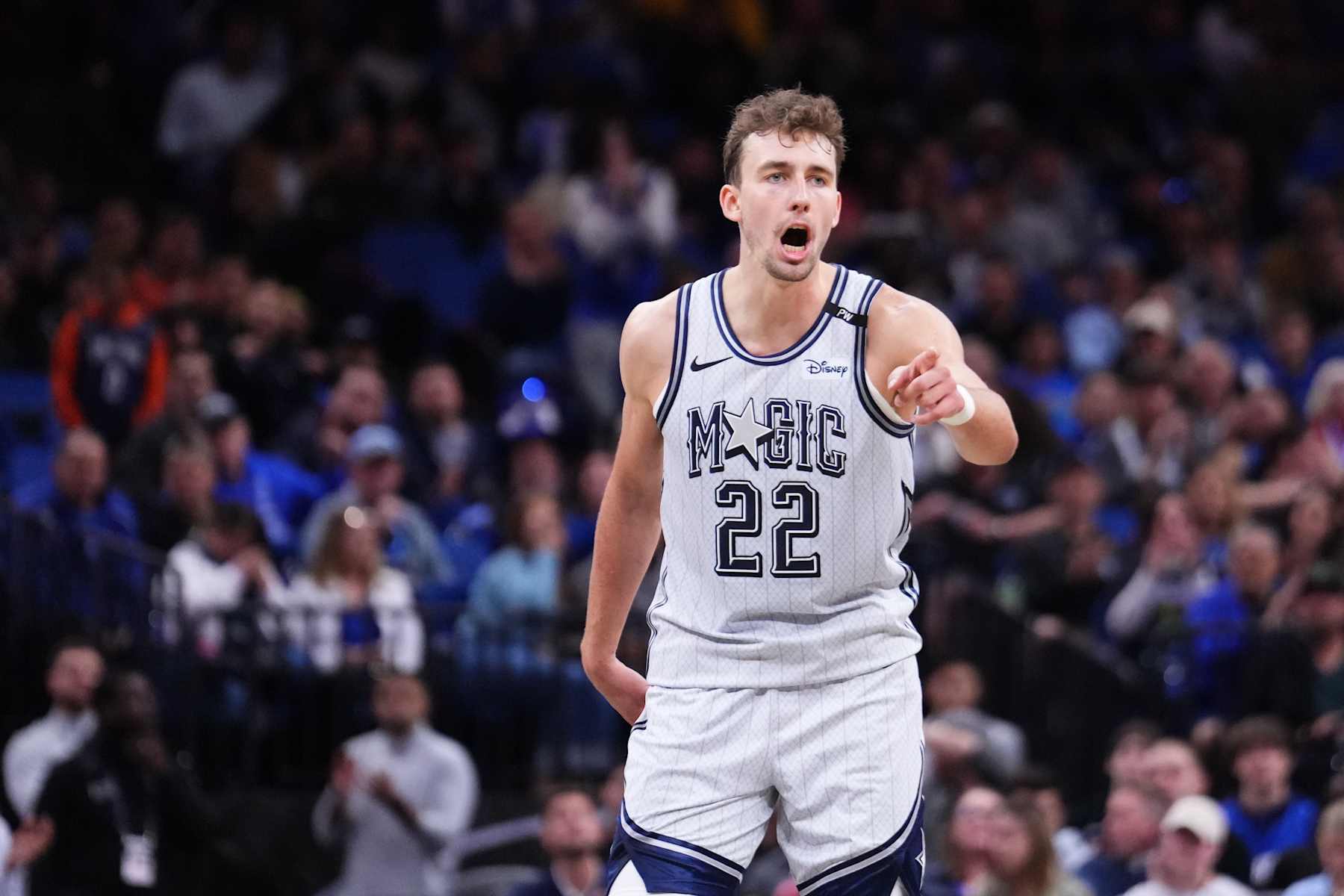 ORLANDO, FLORIDA - NOVEMBER 23: Franz Wagner #22 of the Orlando Magic reacts during the third quarter against the Detroit Pistons at Kia Center on November 23, 2024 in Orlando, Florida. NOTE TO USER: User expressly acknowledges and agrees that, by downloading and/or using this photograph, user is consenting to the terms and conditions of the Getty Images License Agreement. (Photo by Rich Storry/Getty Images)