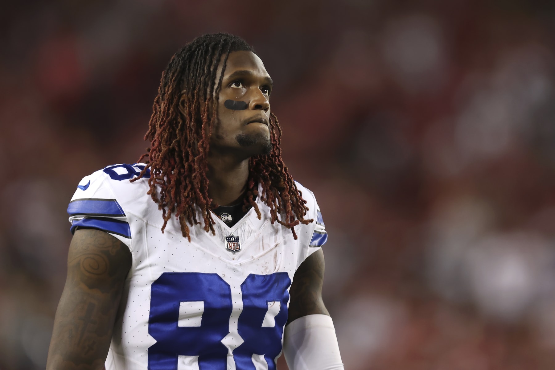 Dallas Cowboys wide receiver CeeDee Lamb reacts on the sideline during the second half of an NFL football game against the San Francisco 49ers in Santa Clara, Calif., Sunday, Oct. 8, 2023. (AP Photo/Jed Jacobsohn)