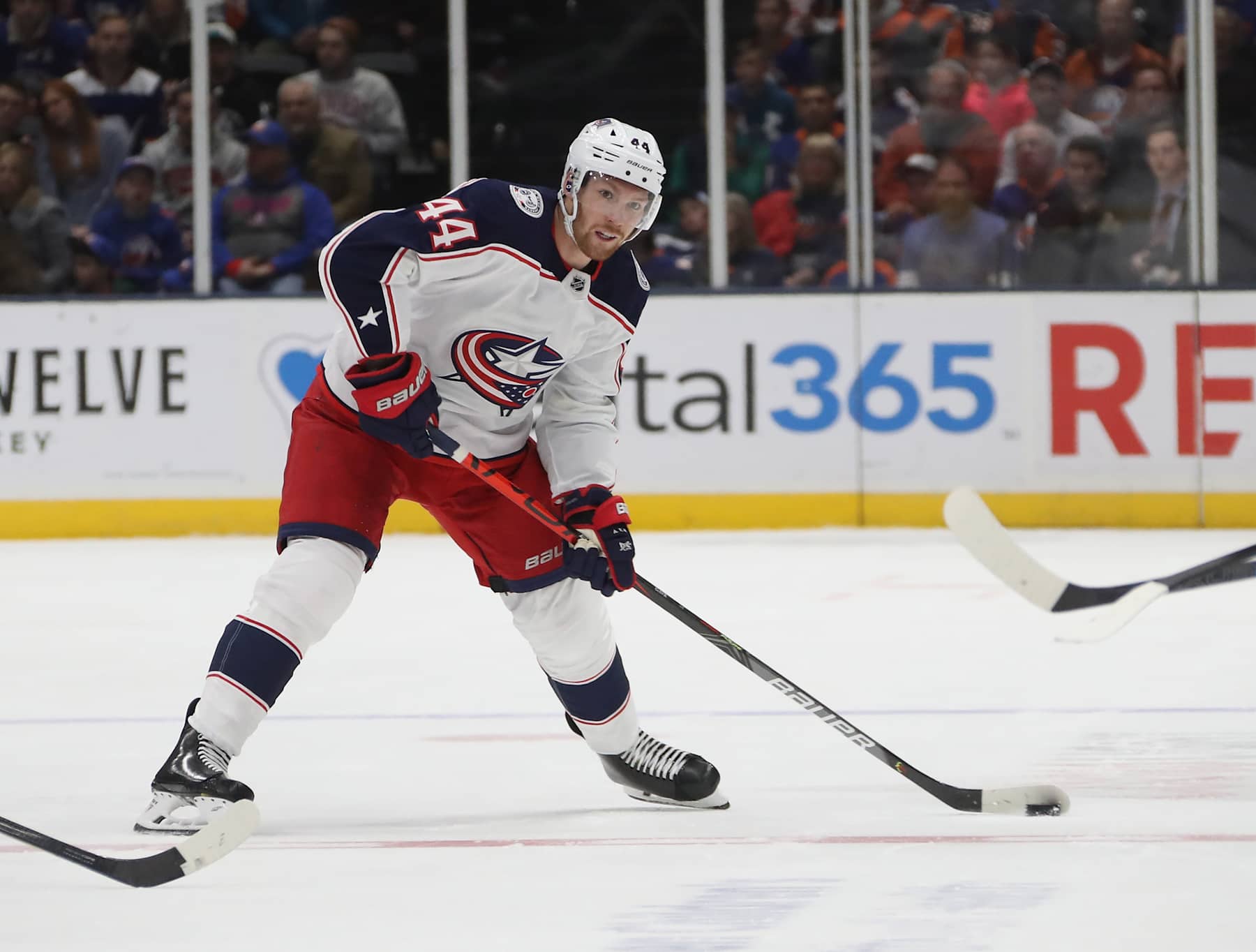 UNIONDALE, NEW YORK - DECEMBER 23: Vladislav Gavrikov #44 of the Columbus Blue Jackets skates against the New York Islanders at NYCB Live's Nassau Coliseum on December 23, 2019 in Uniondale, New York. The Blue Jackets defeated the Islanders 3-2.
 (Photo by Bruce Bennett/Getty Images)