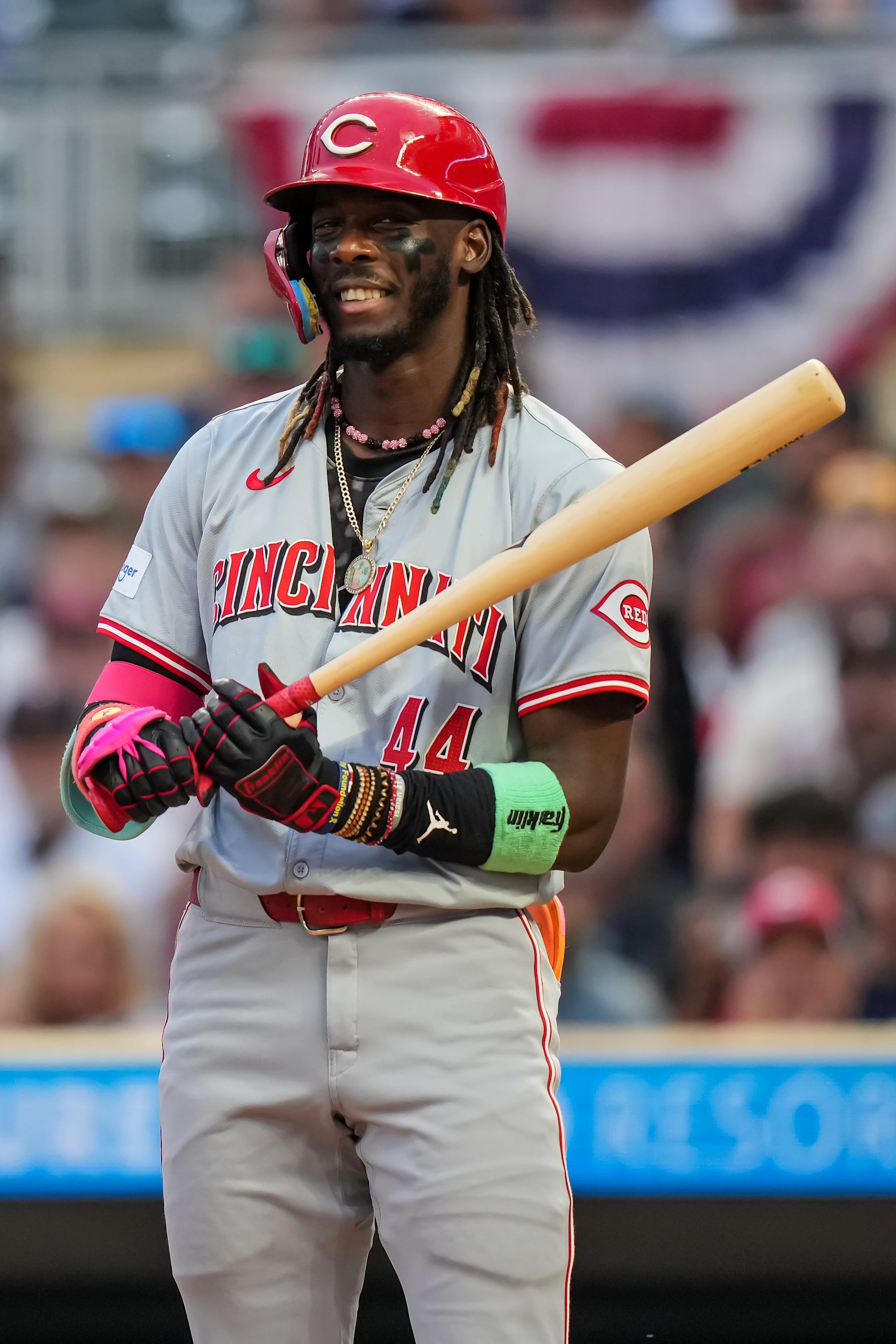 MINNEAPOLIS, MN - SEPTEMBER 14: Elly De La Cruz #44 of the Cincinnati Reds looks on against the Minnesota Twins on September 14, 2024 at Target Field in Minneapolis, Minnesota. (Photo by Brace Hemmelgarn/Minnesota Twins/Getty Images)