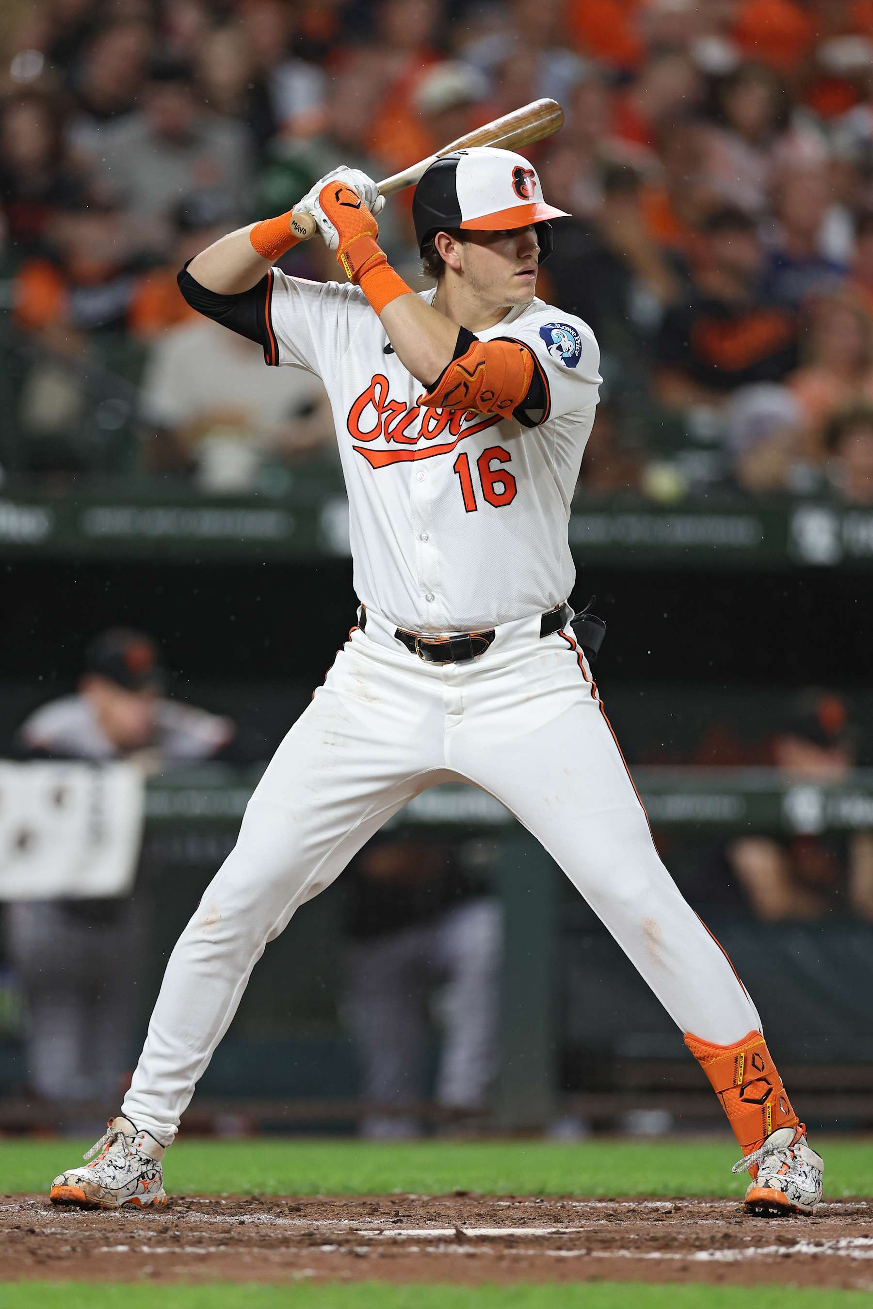 BALTIMORE, MARYLAND - SEPTEMBER 17: Coby Mayo #16 of the Baltimore Orioles bats against the San Francisco Giants at Oriole Park at Camden Yards on September 17, 2024 in Baltimore, Maryland. (Photo by Patrick Smith/Getty Images)
